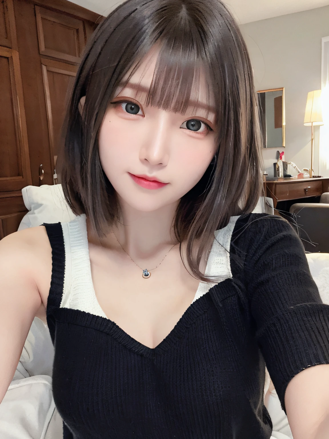 205 ((short hair)), 20-year-old female, Surrealism, smile、Beautiful teeth alignment、Brown Hair、Ear piercing、Necklace around the neck、

