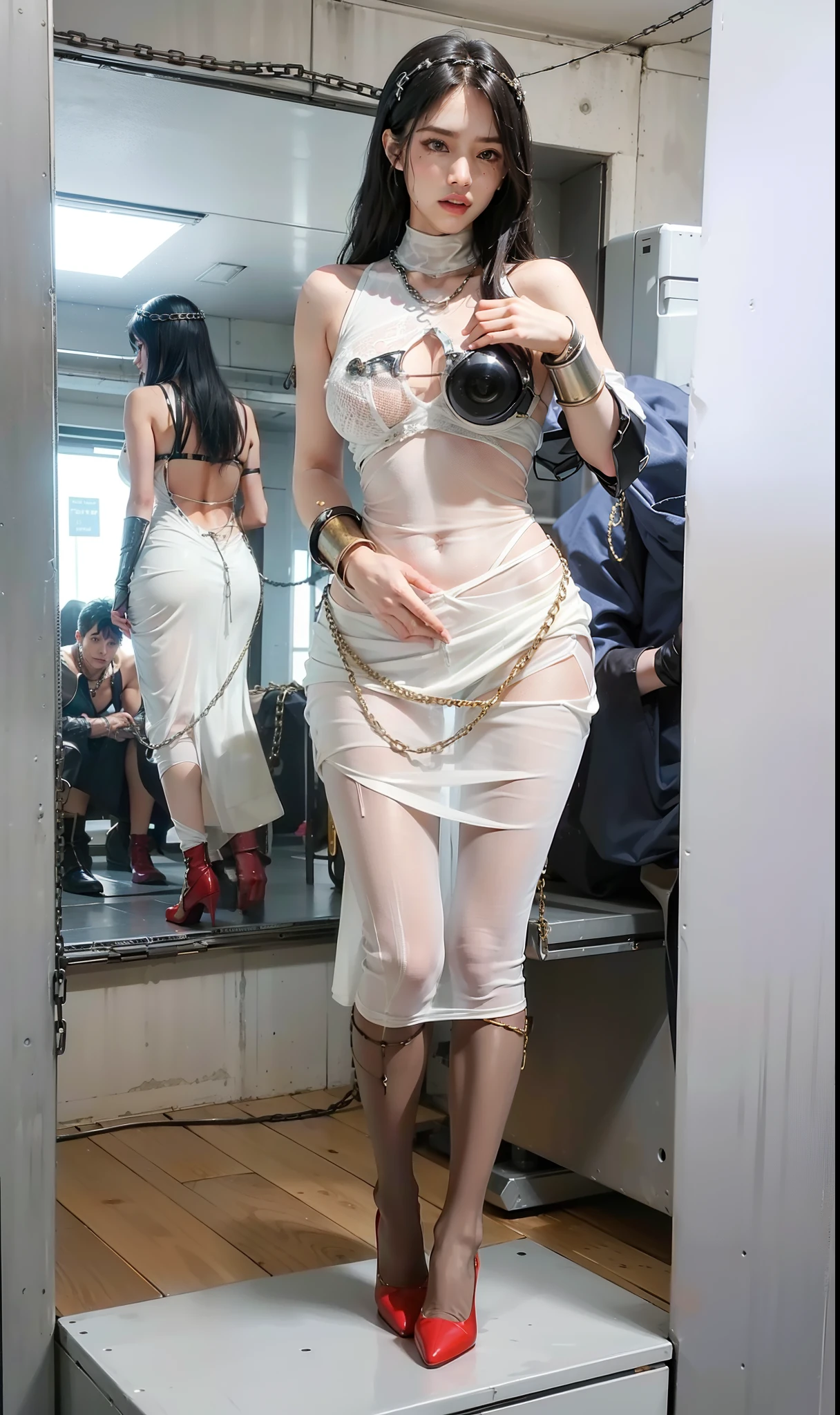 ,((Dressed in a see-through costume of a superheroine)),(, No bra)), Wet crotch, Wet thighs, Beautiful girl with accentuated slender abs: 1.4, (((nipple tips protruding, areola is protruding, The shape of the pubic region is clearly visible)), sixpack abs: 1.4, Bust Botox, Photo, Sharpness, Unique 850 4, Koda850 k portrait camera, F1.6 shots, Ultra-realistic textures, Spectacular light textures, Cinestil 800 Fashion Mechanics, (futuristic sci-fi battle fashion: 1.1), (tied perfectly by chain), Restraint, Slaves, collars, ((wide prison with sunlight)), Dark fantasy, Realistic material details, extreme hight detail, Ultra-realistic materials ((Torn costume))), Wet, Cloudy, (Chained)), ((big emphasized by chains)), ((chains digging into crotch)), ( (Collar)), (, No bra), shredded costumes, broken golden shields and battle spears,, White combat gloves, Combat shoulder armor, Realistic, (Bruises, ripped clothing, skimpy clothing, Blood: 1.3), Torn Cape, Torn pantyhose, Long legs, ((iron pipe in the crotch)), Metallic shackles and fetters, ((chains hung from heaven)), Wet crotch is clearly visible, Swarovski's sword and the anatomy beneath his feet, (futuristic sci-fi battle fashion, Torn mesh stockings),red high heel pumps