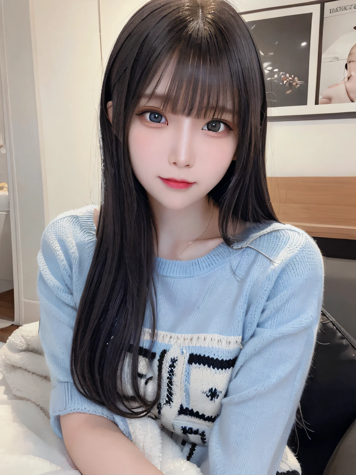 bright expression、photorealisim、top-quality、超A high resolution、a picture、Photos of the most beautiful Nordic girls、Detailed cute and beautiful face、a small face、(pureerosface_v1:0.008)、Beautiful bangs、alice in the wonderland、years、Glowing white shiny skin、Hair tangled in the face、Bangs that extend to the face、bangss、Hair between the eyes、black silky hair、finer hair、Bright, Clear light blue eyes look attractive、Oversized School Sweater、natural make up、Double eyelids、Dynamic Pose