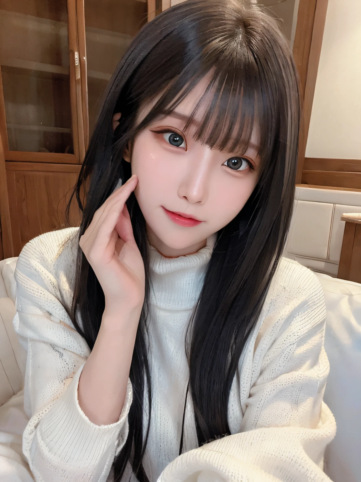 bright expression、photorealisim、top-quality、超A high resolution、a picture、Photos of the most beautiful Nordic girls、Detailed cute and beautiful face、a small face、(pureerosface_v1:0.008)、Beautiful bangs、alice in the wonderland、14years、Glowing white shiny skin、Hair tangled in the face、Bangs that extend to the face、bangss、Hair between the eyes、black silky hair、finer hair、Bright, Clear light blue eyes look attractive、Oversized School Sweater、natural make up、Double eyelids、Dynamic Pose