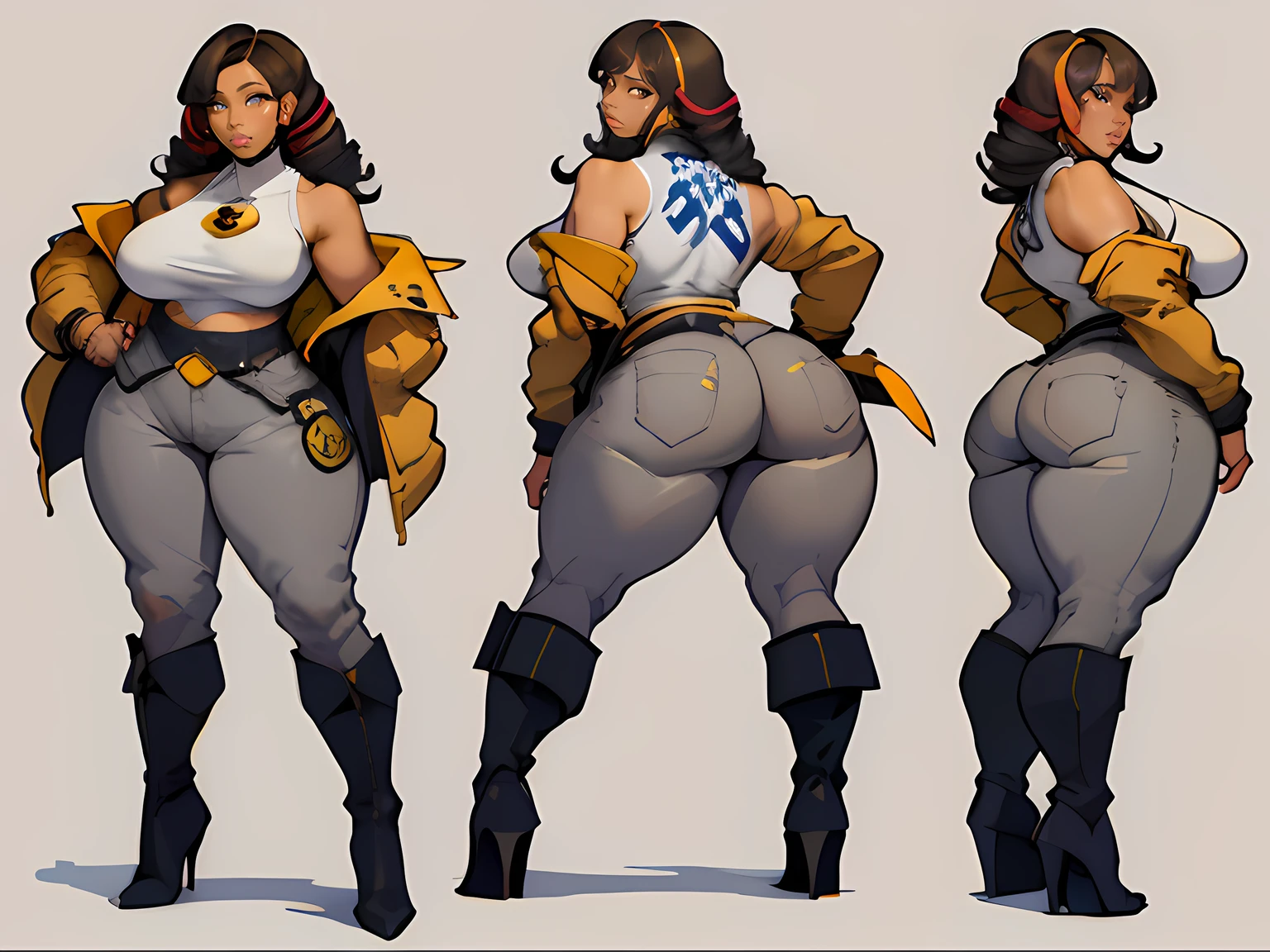 NSFW,masterpiece,top-quality,((character sheets,Same character,gauges,Lateral face,soles)),environment change scene,Pose too,(long curly Hairstyle with bangs), brown hair, multicolored hair, Pose Jitai,Chartaran Betarola,(simple background、grey backgrounid:1.3),illustratio,multi view, ((woman)), (wearing a white short tight top underneath a police jacket, bare arms, bare belly, tight beige jeans, high heel boots), ((police badge hanging from neck)), full body, sexy girl, happy, smile, chubby, dark eyebrows, green eyes,big smile, dark skin, shoulders, toned, thick, ((large waist)), (((thick thighs))), ((medium breasts)), cute, sexy, MILF
