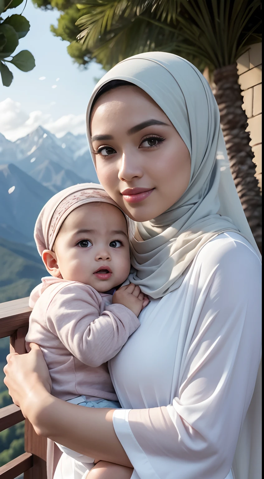 RAW, Best quality, high resolution, masterpiece: 1.3), beautiful Malay woman in hijab (iu:0.8)1 Girl,big breat, Beautiful malay in hijap, malay  Face, 23 Years Old, White Skin, Hijab Muslim Outfit, Top of The Mountain Background, ((wind:1.3)), Kissing, ((bokeh:1.3)), Carrying Babyl, Perfect Body Anatomy, ((adorable:1.1)), ((masterpiece:1.1)), ((bluesky:1.1))