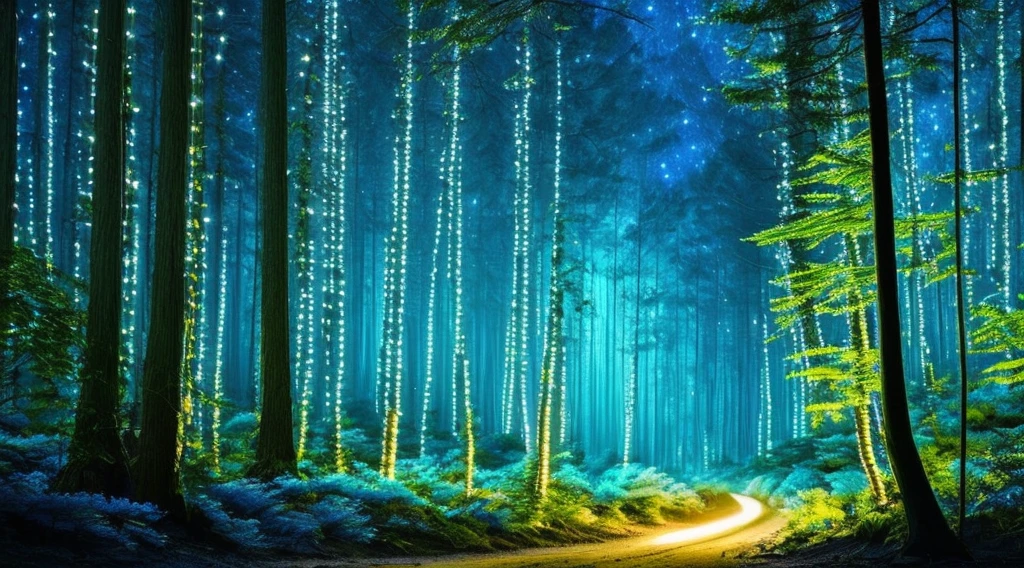 forest at night, blue tone, blue fireflies
