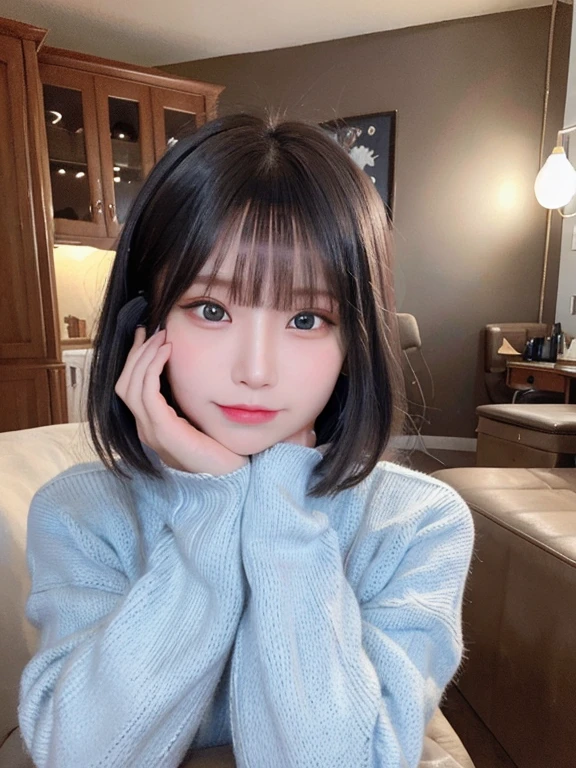 bright expression、photorealisim、top-quality、超A high resolution、a picture、Photos of the most beautiful Nordic girls、Detailed cute and beautiful face、a small face、(pureerosface_v1:0.008)、Beautiful bangs、alice in the wonderland、14years、Glowing white shiny skin、Hair tangled in the face、Bangs that extend to the face、bangss、Hair between the eyes、black silky hair、finer hair、Bright, Clear light blue eyes look attractive、Oversized School Sweater、natural make up、Double eyelids、Dynamic Pose