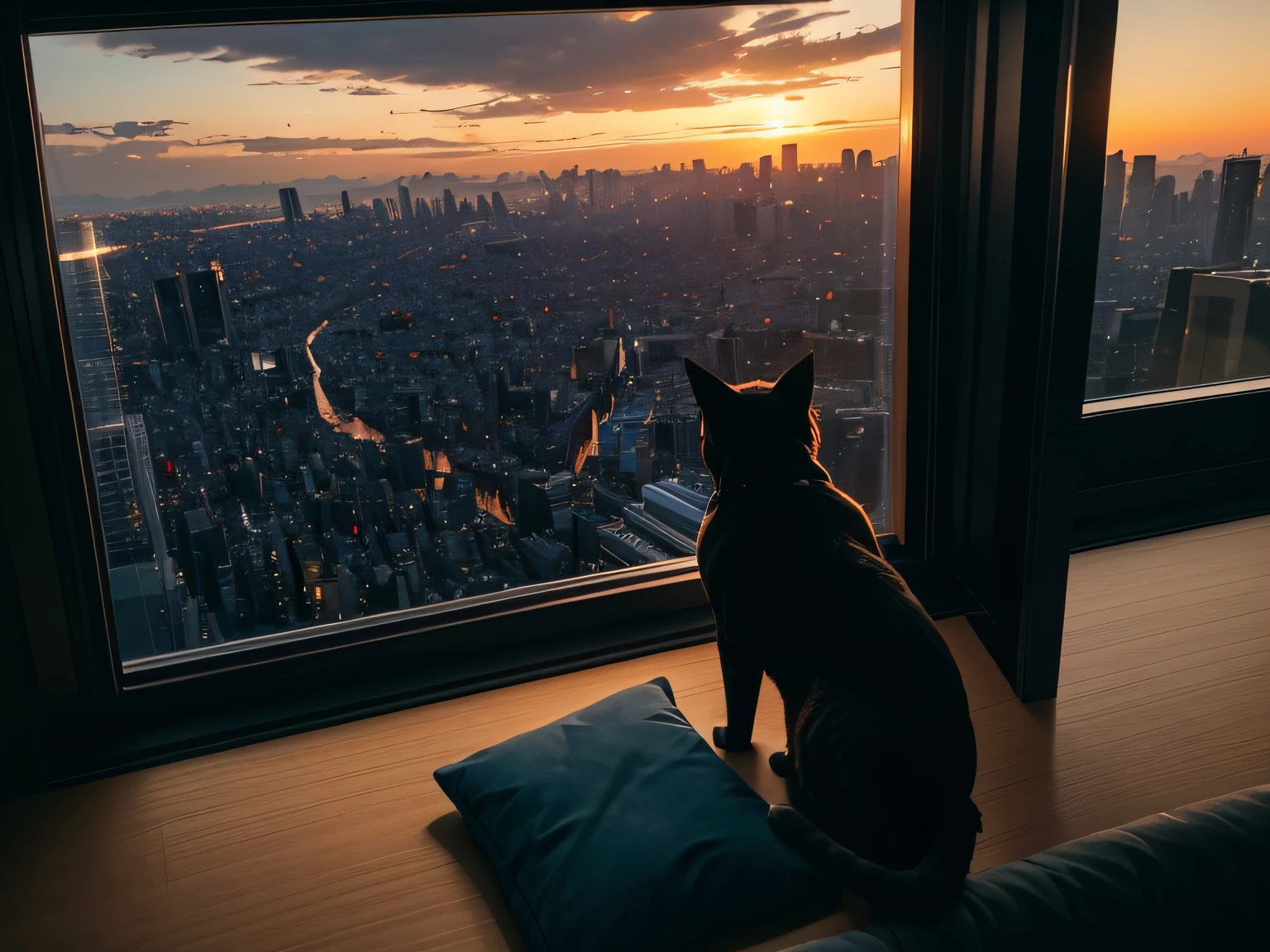 There was a cat sitting on the couch looking out the window, watching the sunset, film view!!!, cat attacking tokyo, epic and cinematic view, Looking out the window, night time footage, seeing a cat, Looking at the sky, film view, looks out the window, spectacular cinematic scene, looking out, dramatic cinematic shot, Look out the window,Face away from the camera