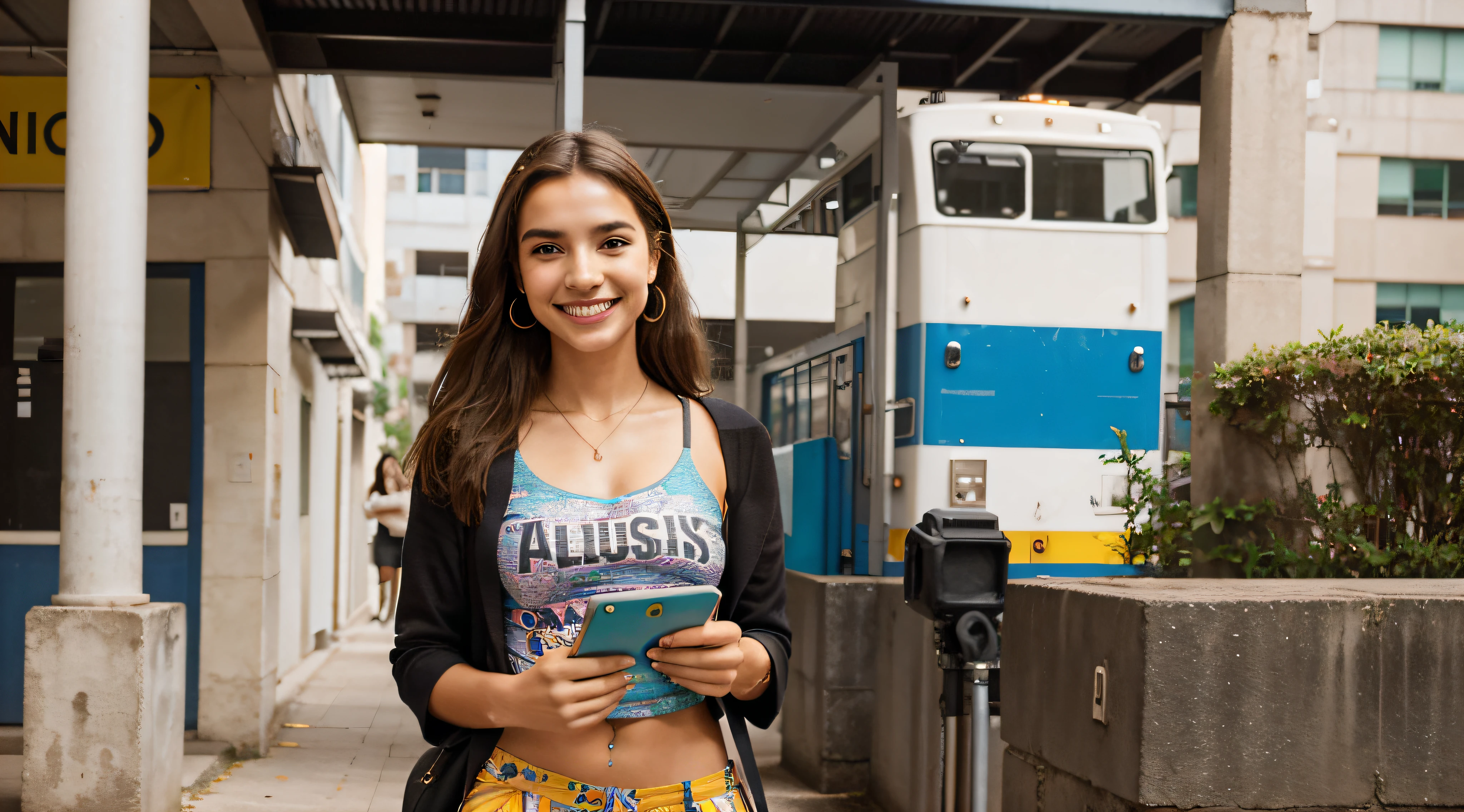 Generate an image of a Brazilian student happily strolling through a busy university campus. she is tall and slender, com curta marcante, cabelo loiro platinado, who exudes a rebellious spirit;. Her captivating light brown eyes sparkle with determination and curiosity, e ela usa um brilhante, genuine smile.

She is dressed in a unique and colorful way, conjunto abstrato que mostra sua personalidade vibrante. The clothes are an artistic mix of various colors and patterns, refletindo seu estilo ousado e criativo. She's wearing a bold earpiece around her neck, Ready to dive into your music. Enquanto ela caminha, She carries a stack of graphite-covered books in one hand, showcasing your passion for literature.

This distinguished student embodies the spirit of a cheerful, Book-loving punk with a love of music and a talent for color, moda abstrata. She confidently navigates the lively atmosphere of the university campus.