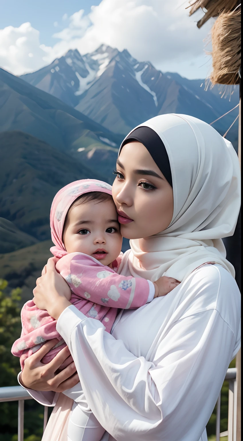 RAW, Best quality, high resolution, masterpiece: 1.3), beautiful Malay woman in hijab (iu:0.8)1 Girl,big breat, Beautiful malay in hijap, malay Baby Face, 23 Years Old, White Skin, Hijab Muslim Outfit, Top of The Mountain Background, ((wind:1.3)), Kissing, ((bokeh:1.3)), Carrying Baby Girl, Perfect Body Anatomy, ((adorable:1.1)), ((masterpiece:1.1)), ((bluesky:1.1))