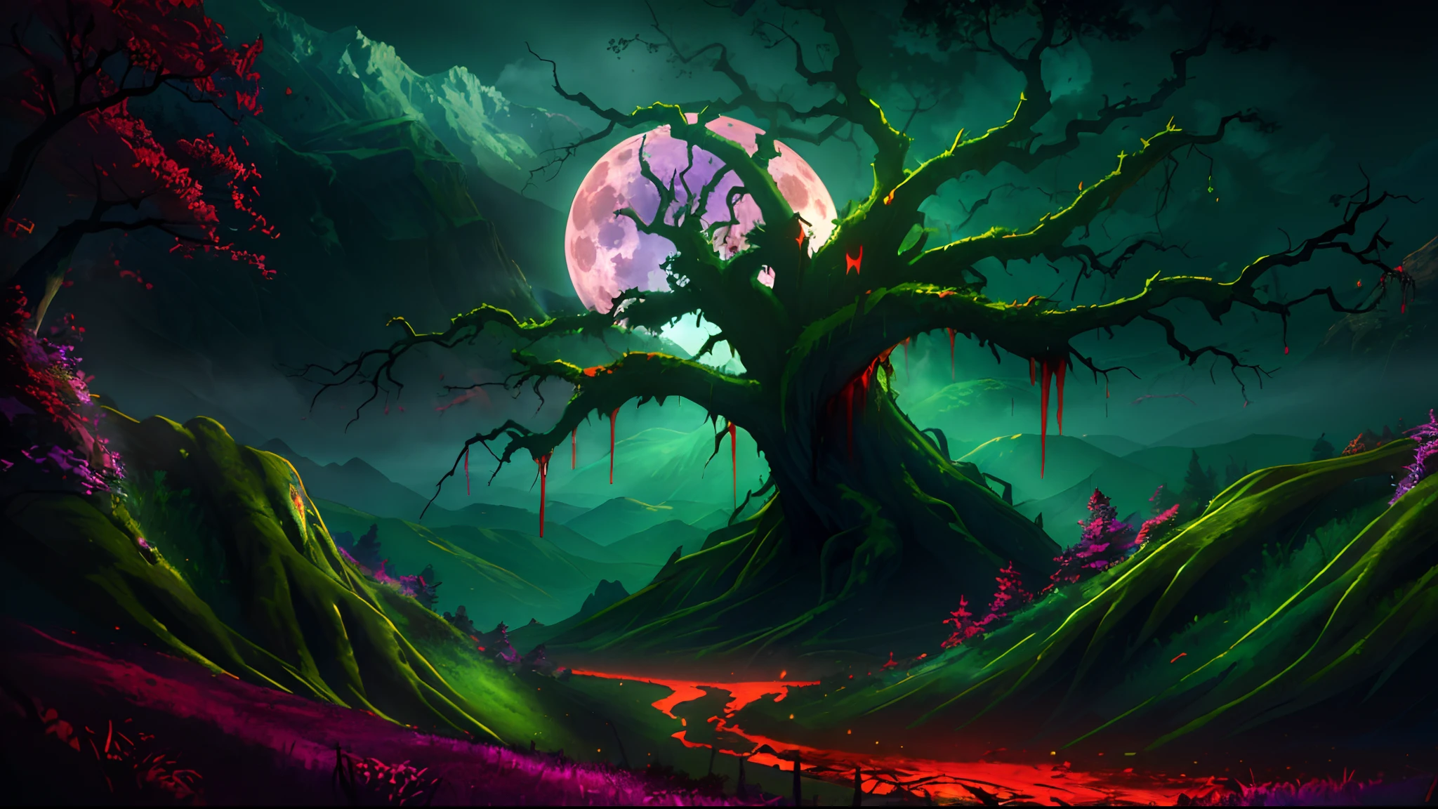 (masterpiece, best quality:1.4), (captivating digital art), cinematic lighting, colorful, high contrast, eerie mountain landscape, lush grass, twisted trees, night scene, (horror theme:1.2), (menacing monster:1.2) lurking in shadows, dark atmosphere, blood rain pouring down, blood-red river flowing, haunting blood moon in the sky, chilling and intense visual experience