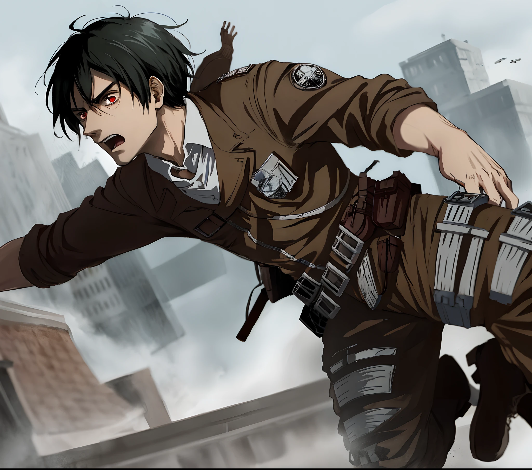 Attack on Titan OC, Male. Seasons 1-4. Black Hair, Red Eyes.