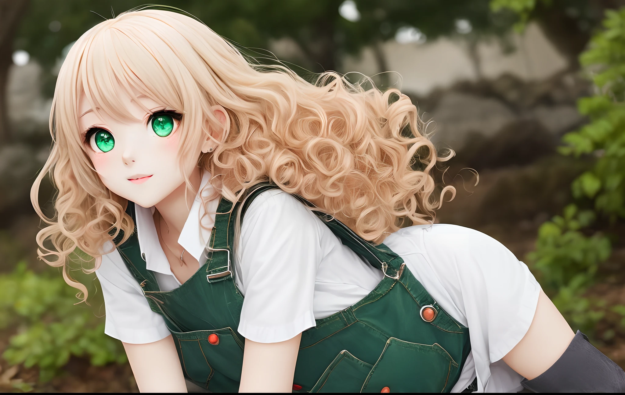 Anime girl with sparkling green eyes, and curly blond hair to her shoulders. She is wearing a white shirt underneath overalls and combat boots.