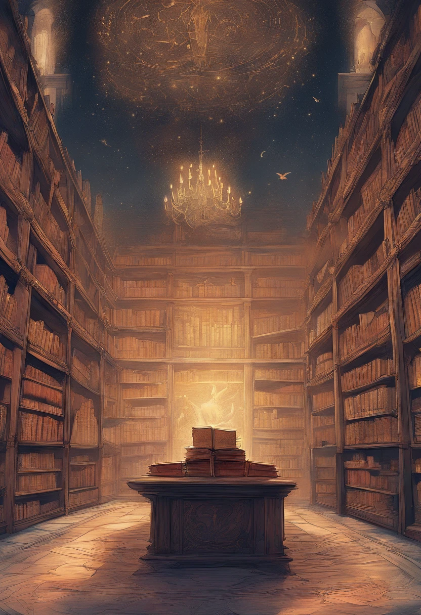 （Inside Enchanted Magical Library,  Its shelves are adorned with books shimmering with untold secrets and the silent murmurs of hidden yearnings, Large beautiful Librarywith shimmering, glowing books, Magical, sparkling walls，fantasy，Leonora Carrington，a fantasy moonlight filtering through，Rich in color，assignment，light and shadow effect，k hd，tmasterpiece，Detailed details，depth of fields