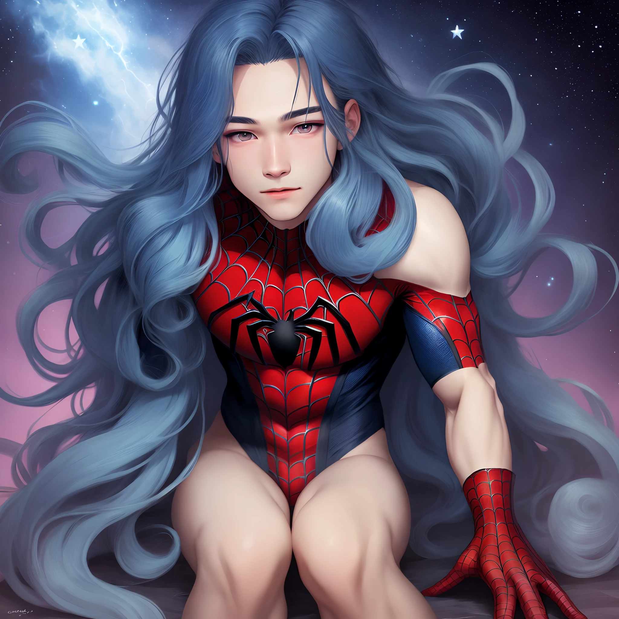 Boy long blue hair black eyes with stars in them in spiderman