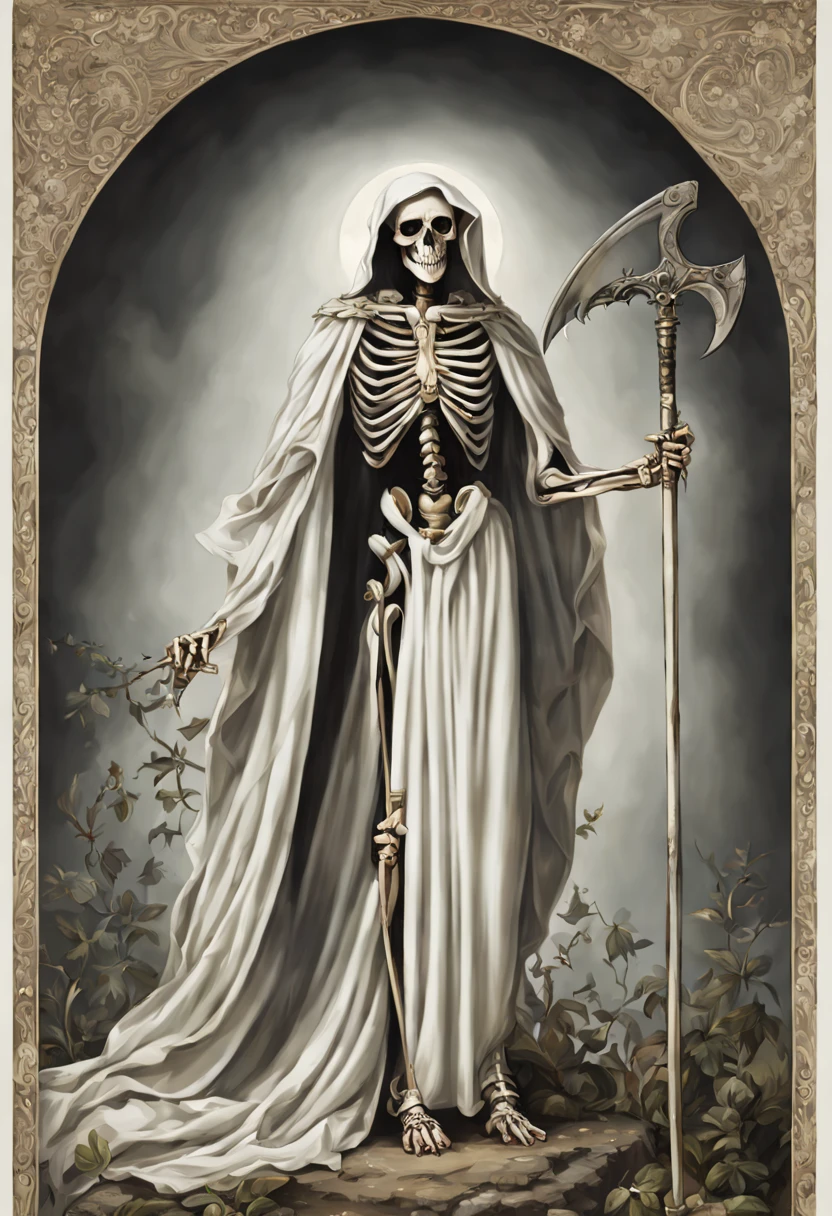 saint death or the white girl, full body, saint death skeleton standing covered with a tunic and a scythe, full body