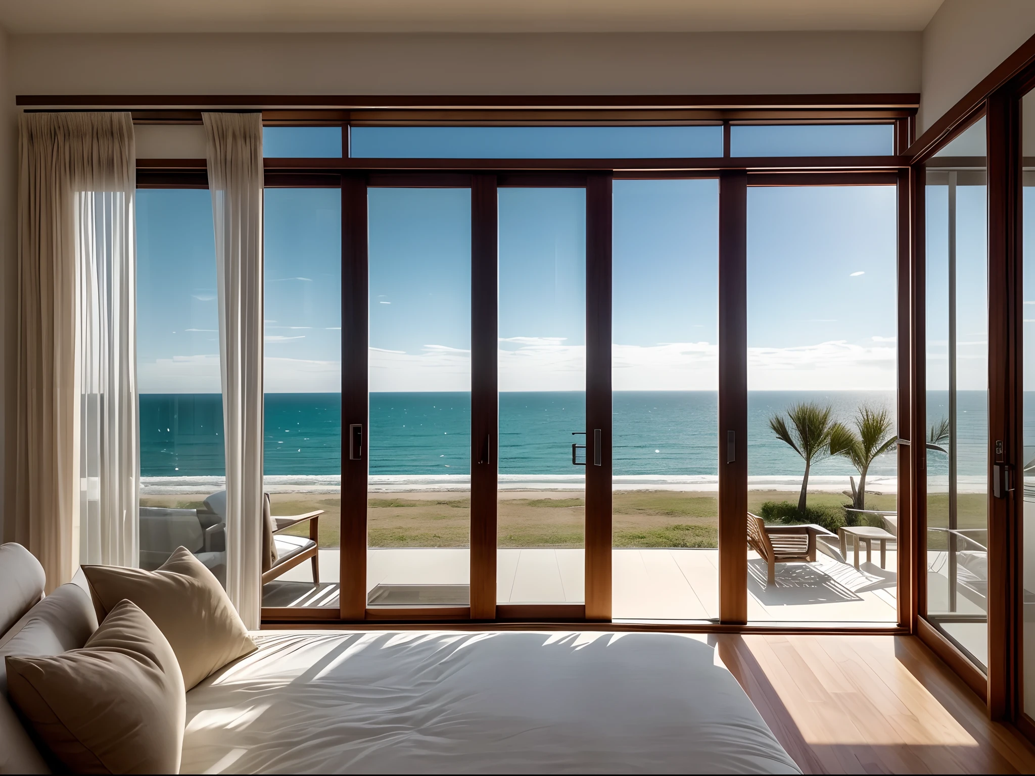 From the large window in the bedroom of the minimalist room, Beautifully decorated You can see the tranquil horizon of the ocean. El sol se estaba poniendo lentamente, Tint the sky in warm, soft tones. The loveseat I was sitting on, rodeado de cojines mullidos, It offered the perfect place to enjoy this natural spectacle.