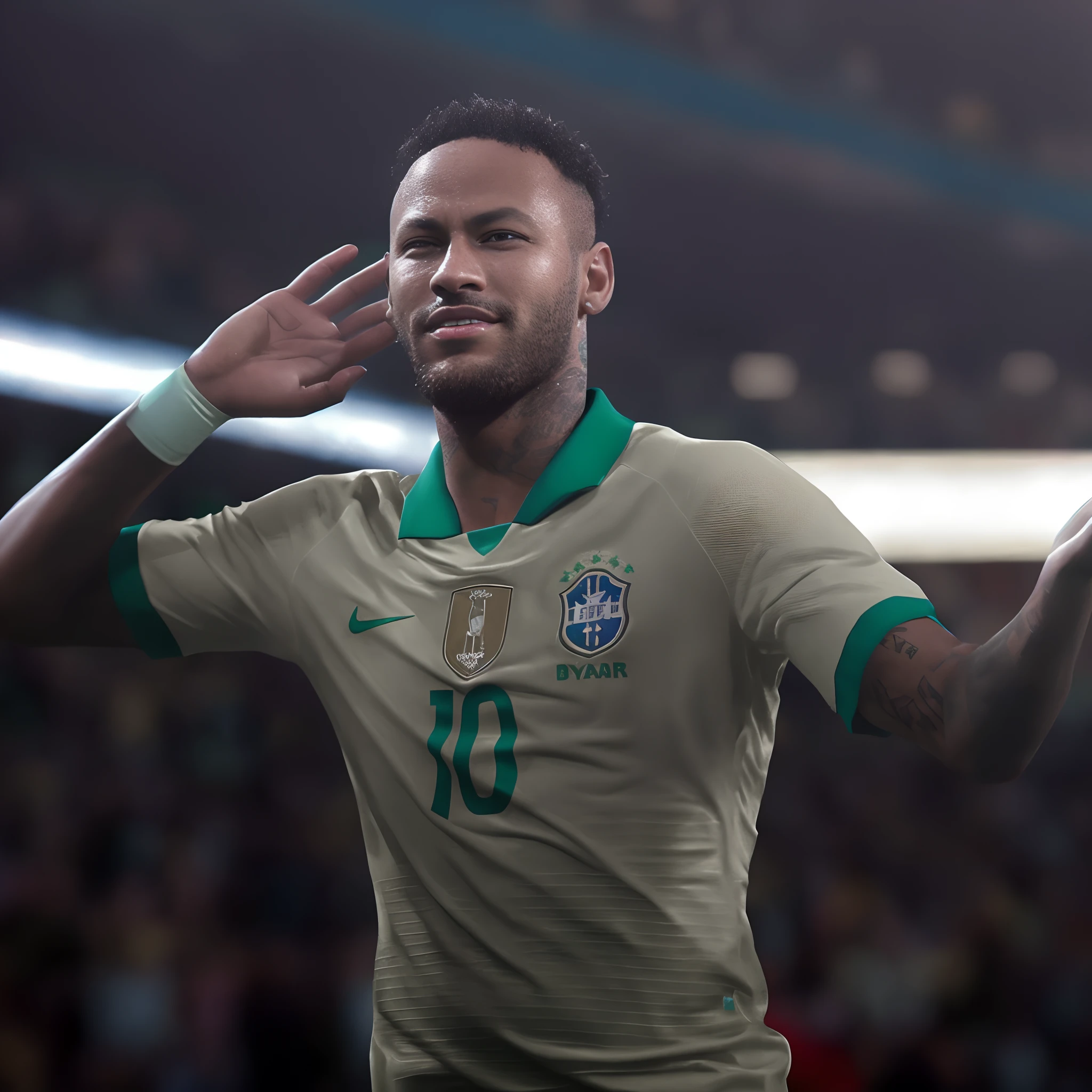 arafed soccer player in a green and white uniform is raising his hand, neymar jr, neymar, neymar in gta v, neymar in fortnite, 8k portrait render, 8k hq, 8 k cg render, in game style 8k, 4 k post, 4k post, 8k render”, 8k octae render photo, 8 k render