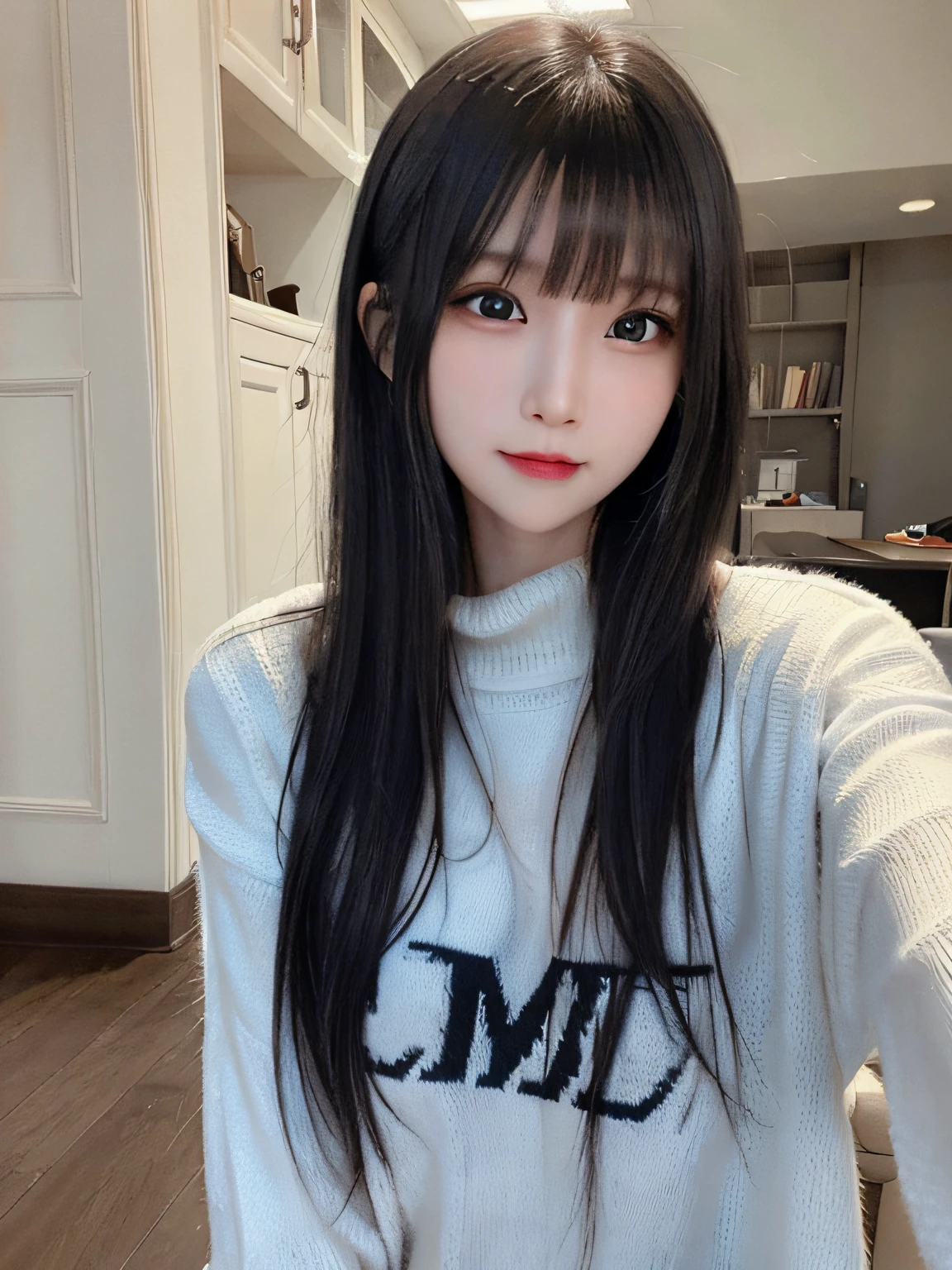 bright expression、photorealisim、top-quality、超A high resolution、a picture、Photos of the most beautiful Nordic girls、Detailed cute and beautiful face、a small face、(pureerosface_v1:0.008)、Beautiful bangs、alice in the wonderland、years、Glowing white shiny skin、Hair tangled in the face、Bangs that extend to the face、bangss、Hair between the eyes、black silky hair、finer hair、Bright, Clear light blue eyes look attractive、Oversized School Sweater、natural make up、Double eyelids、Dynamic Pose