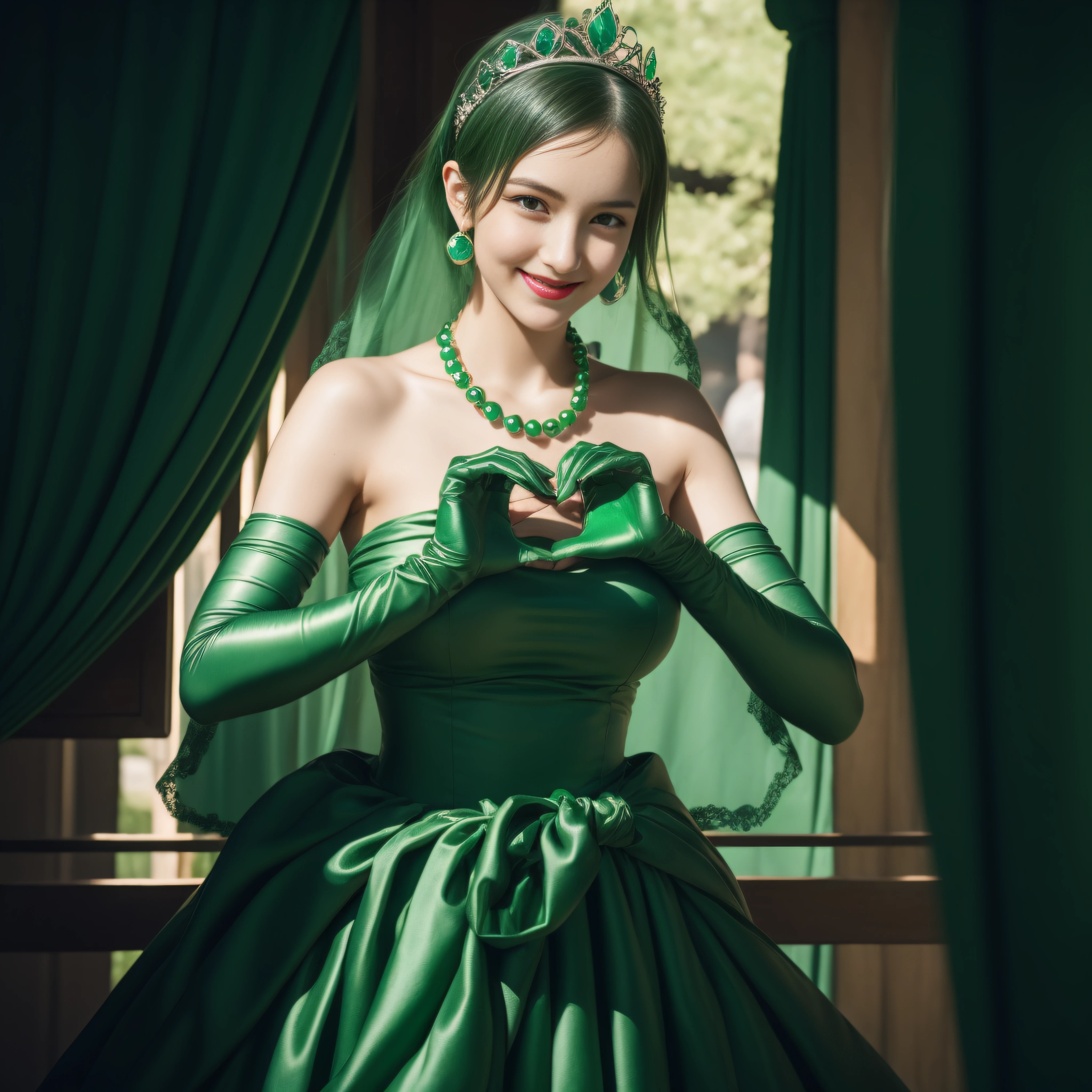 emerald tiara, Green Pearl Necklace, Boyish very short green hair, lipsticks, Japan woman smiling, very short short hair, big breasts beautiful, Green eyes, Long green gloves made of satin material, Green eyes, Emerald Earrings, green vale, Heart with both hands