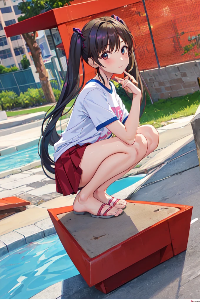 1girl,  tshirt, no panty, Legs bare, Visible vagin, twintails, Long hair, Squatting with legs apart outdoors