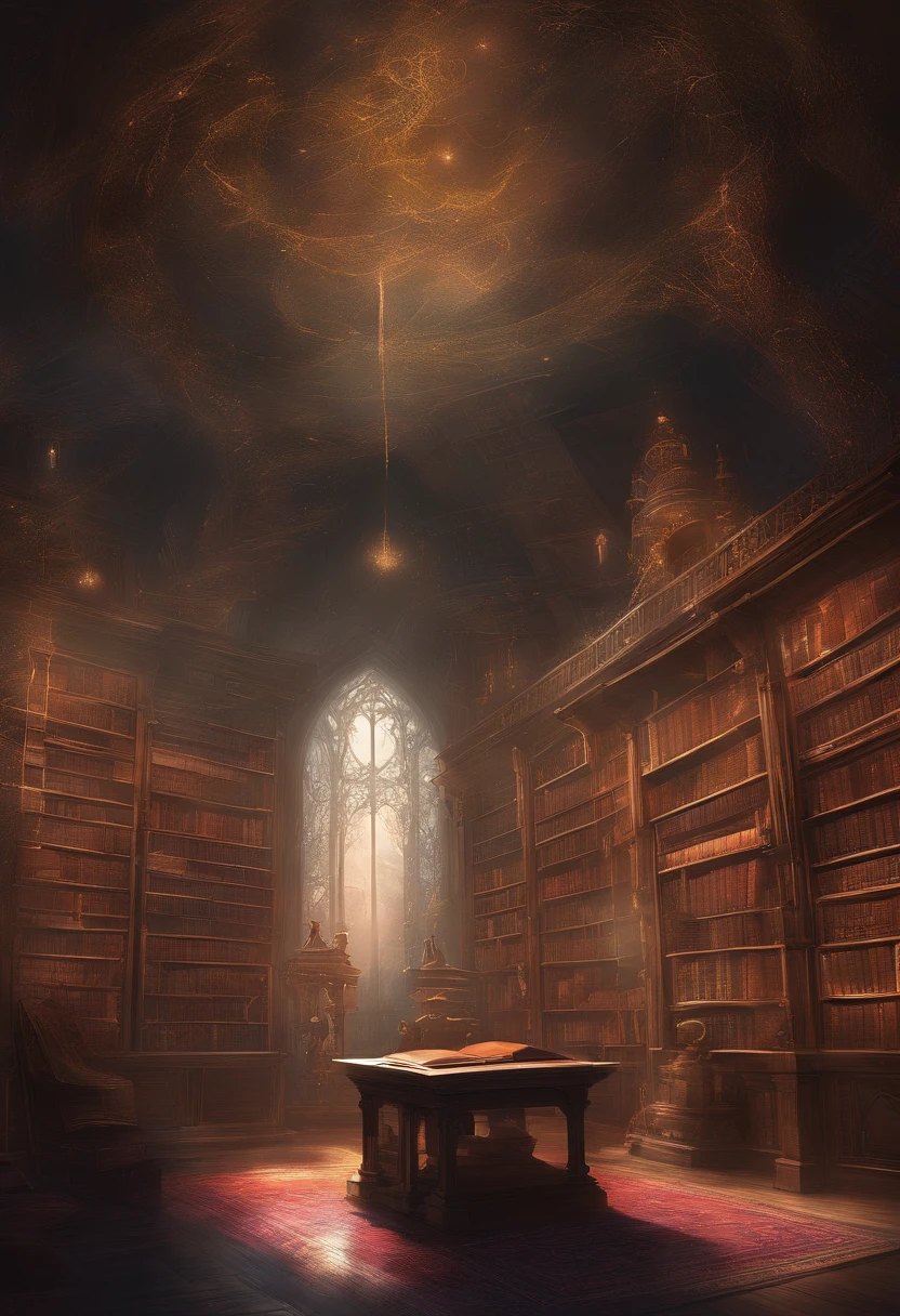 （Inside Enchanted Magical Library,  Its shelves are adorned with books shimmering with untold secrets and the silent murmurs of hidden yearnings, Large beautiful Librarywith shimmering, glowing books, Magical, sparkling walls，fantasy，Leonora Carrington，a fantasy moonlight filtering through，Rich in color，assignment，light and shadow effect，k hd，tmasterpiece，Detailed details，depth of fields