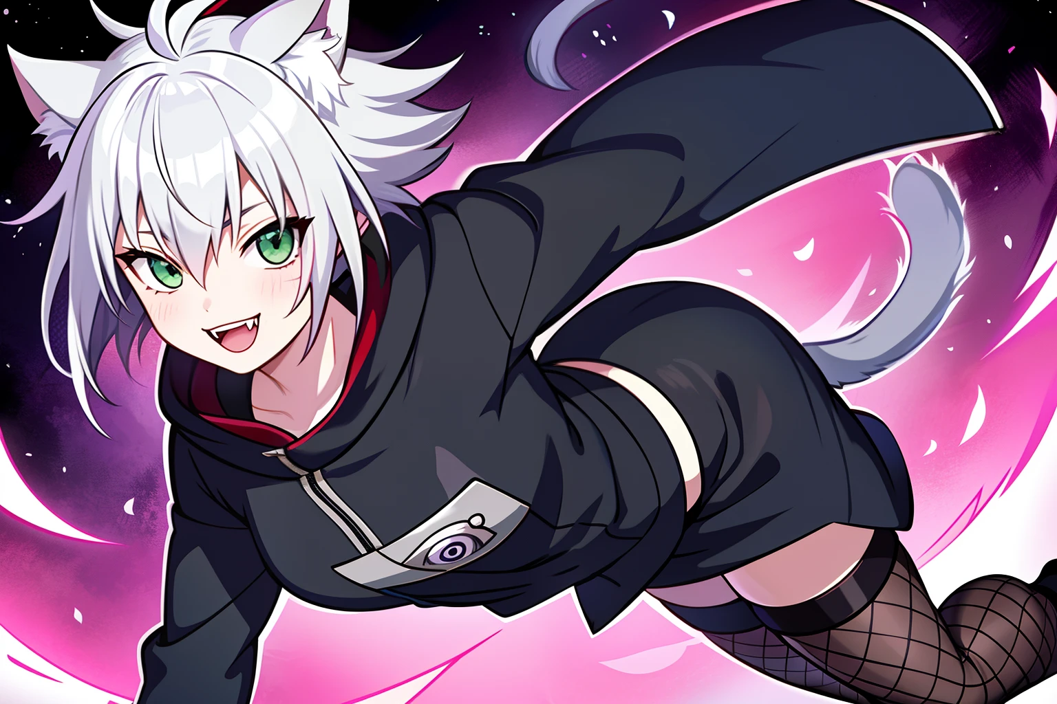 SFW, ultra 4k hd, absurdres, anime, naruto, white hair, lavender hair, gray hair, silver hair, neko, green eyes, ninja, short hair, chubby, medium breasts, messy hair, gray hair, cat ears, catgirl, nekomimi, cat tail, forehead protector, kunoichi, hair between eyes, silver hair, anime style, fullbody, eye scar, smiling, fangs, 1girl, naruto shippuden, solo, baggy clothes, alone, forest, village, akatsuki, leaf village, konoha, 1fang, cloak, fishnets, v bangs, bangs, fluffy, dark clothes, purple clothes, clothing design, ninja fashion, light eyes, scar over eye, light green eyes, scars