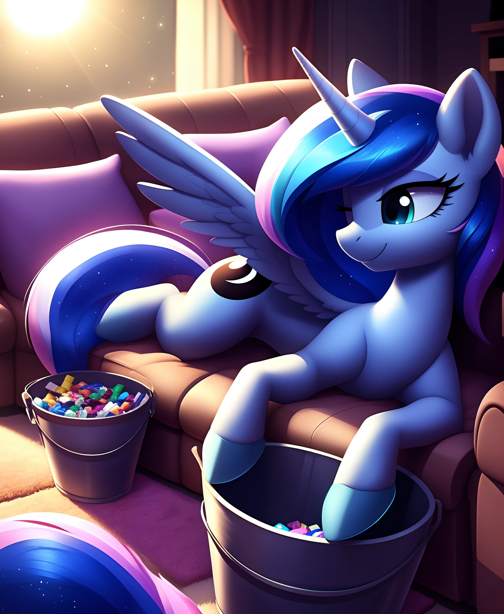 pony, (masterpiece), (raytracing), (cinematic lighting), ((inside)) triadic lighting, High Definition, light particles, (shading), filly princess luna lying (on back:1.3), (bucket:1.2) filled with candy, ((high detail)), wings closed, female, ((one horn)), perfect  anatomy:1.5,  ((fur body)), (((cute))), (((adorable))), ((smile)), (((living room))), 1girl, solo, by acstlu "eyes closed"sleeping