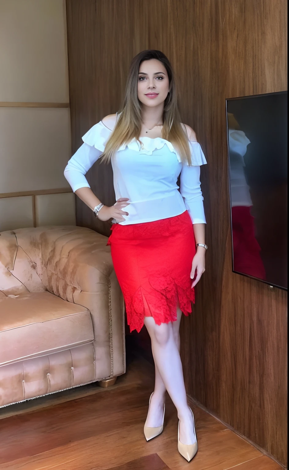 Woman in red skirt and white top standing in front of a TV, com uma saia vermelha, saia curta bonita, renda vermelha, por Romain brook, imagem de corpo inteiro, pencil skirt, cativante e atraente, Directed by: Siona Shimshi, vermelho, imagem profissional, foto da roupa, roupas vermelhas, usando uma roupa vermelha, Muito atraente
