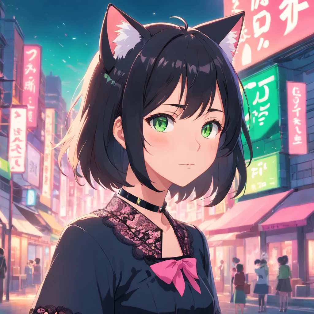 (best quality,ultra-detailed:1.2), green eyes, long black hair, black dress, pink lace collar, solo pose, neko style, sparkling background, dreamy lighting, vibrant colors, soft pastel tones, has cat ears, wearing collar
