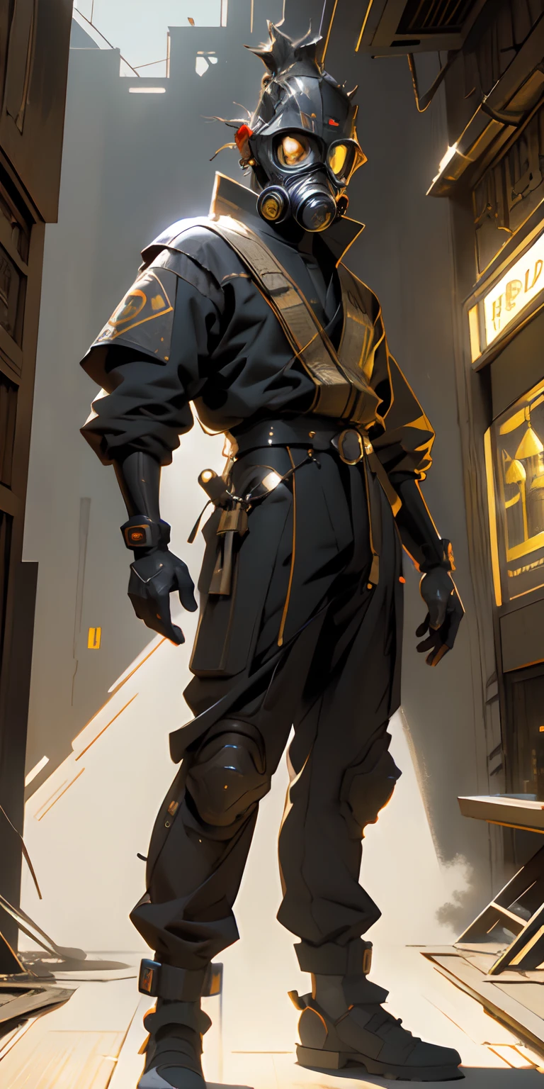 Luis Royo estilo de arte, Full body illustration of a pharaoh in silhouette, wearing a gas mask, usando roupas sci-fi, martelos e diamantes;, dynamic pose, Cyberpunk City Background with Pyramids, Minimalista, RTX, UHD, cell-shading, 32k, ray tracing, bem definido, comic, pintura digital, Cartoon, fotorrealista, desenho, Motor irreal, octan render, Shaders, 4D, I can't believe how perfect this picture is