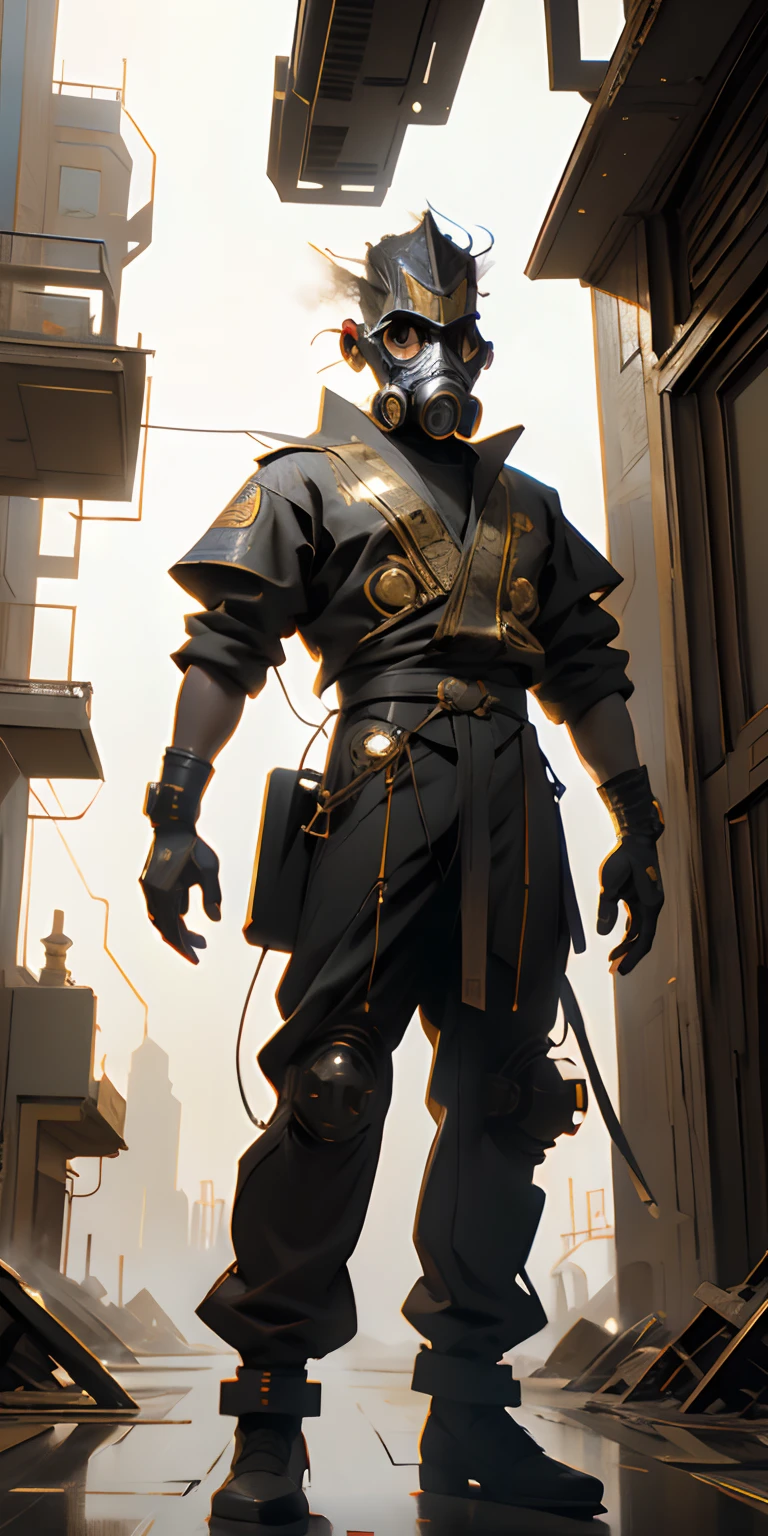 Luis Royo estilo de arte, Full body illustration of a pharaoh in silhouette, wearing a gas mask, usando roupas sci-fi, martelos e diamantes;, dynamic pose, Cyberpunk City Background with Pyramids, Minimalista, RTX, UHD, cell-shading, 32k, ray tracing, bem definido, comic, pintura digital, Cartoon, fotorrealista, desenho, Motor irreal, octan render, Shaders, 4D, I can't believe how perfect this picture is