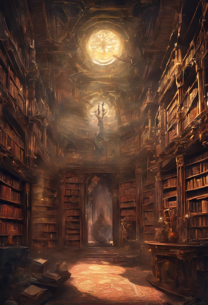 (Inside Enchanted Magical Library, Its shelves are adorned with books shimmering with untold secrets and the silent murmurs of hidden yearnings, Large beautiful Librarywith shimmering, glowing books, Magical, sparkling walls,fantasy,Leonora Carrington,a fantasy moonlight filtering through,Rich in color,assignment,light and shadow effect,k hd,tmasterpiece,Detailed details,depth of fields