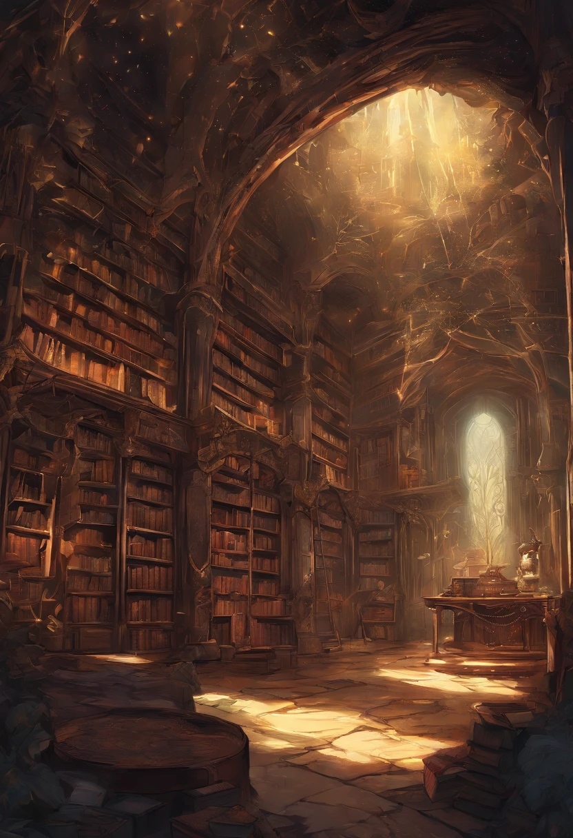 (Inside Enchanted Magical Library, Its shelves are adorned with books shimmering with untold secrets and the silent murmurs of hidden yearnings, Large beautiful Librarywith shimmering, glowing books, Magical, sparkling walls,fantasy,Leonora Carrington,a fantasy moonlight filtering through,Rich in color,assignment,light and shadow effect,k hd,tmasterpiece,Detailed details,depth of fields