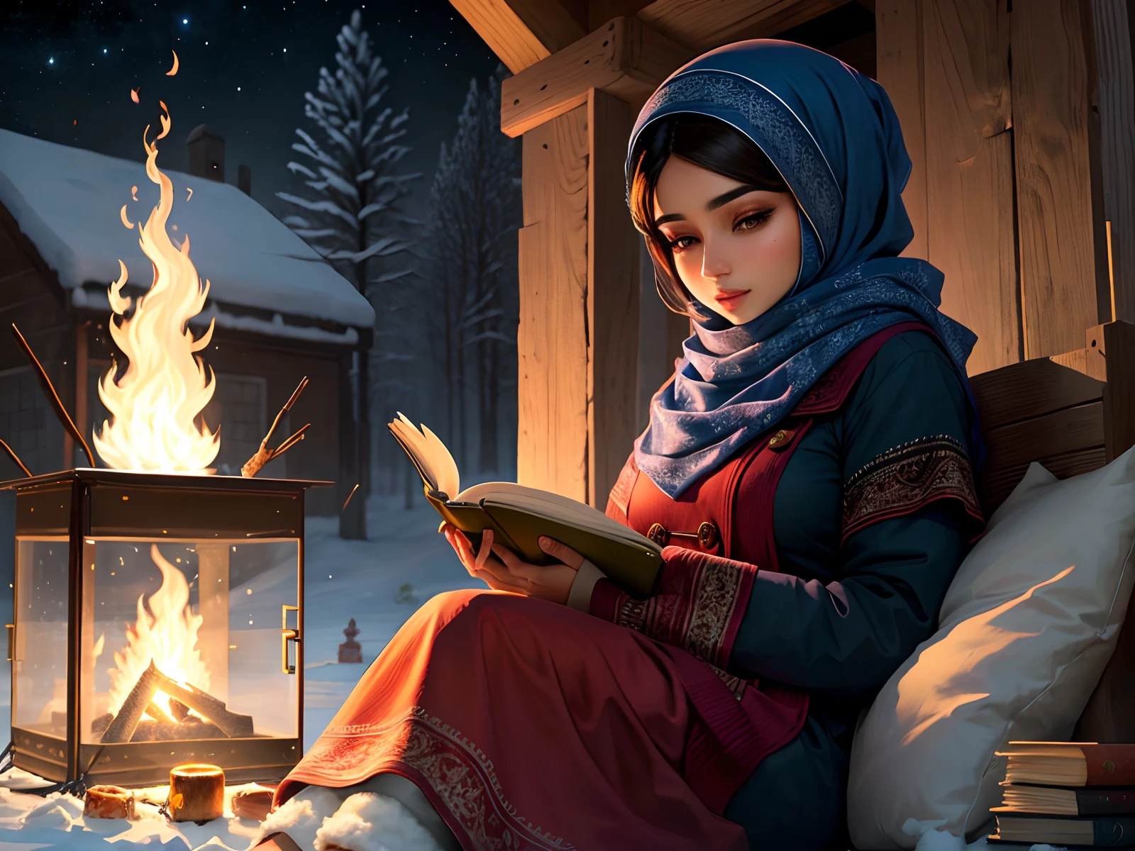 Beautiful Muslim woman reading a book in winter and accompanied by a campfire beside her