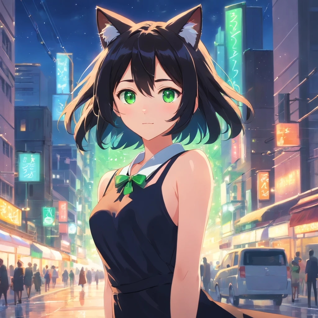 (best quality,ultra-detailed:1.2), green eyes, long black hair, black dress, solo pose, neko style, sparkling background, dreamy lighting, vibrant colors, soft pastel tones, has cat ears, wearing collar with bell on it