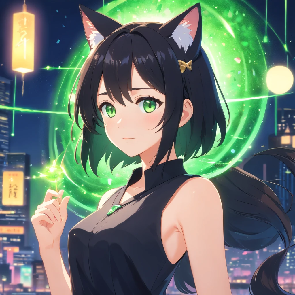 (best quality,ultra-detailed:1.2), green eyes, long black hair, black dress, solo pose, neko style, sparkling background, dreamy lighting, vibrant colors, soft pastel tones, has cat ears, wearing collar with bell on it