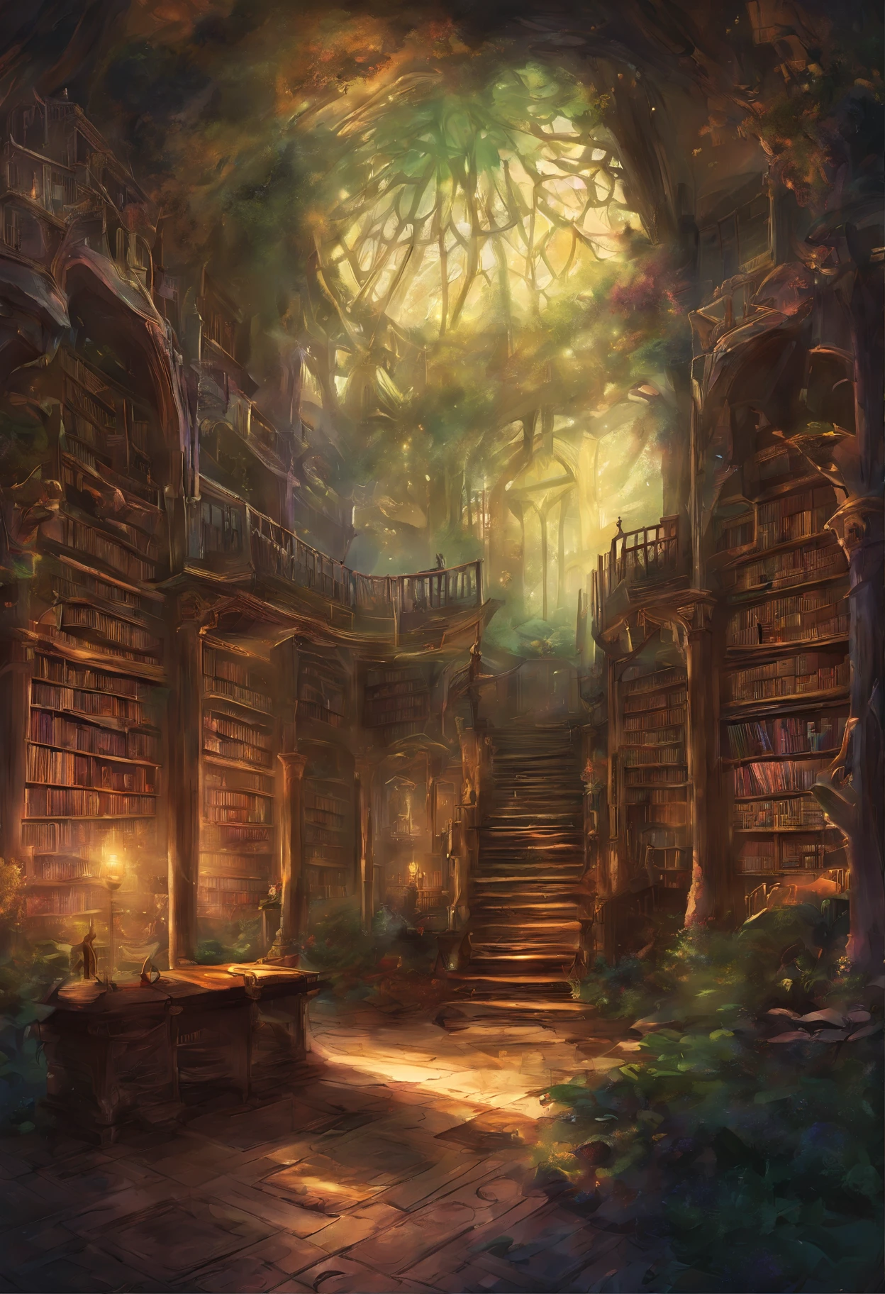 (Inside Enchanted Magical Library, Its shelves are adorned with books shimmering with untold secrets and the silent murmurs of hidden yearnings, Large beautiful Librarywith shimmering, glowing books, Magical, sparkling walls,fantasy,Leonora Carrington,a fantasy forest,Hazy perspective,sunlight filtering through the trees,Rich in color,assignment,light and shadow effect,k hd,tmasterpiece,Detailed details,depth of fields