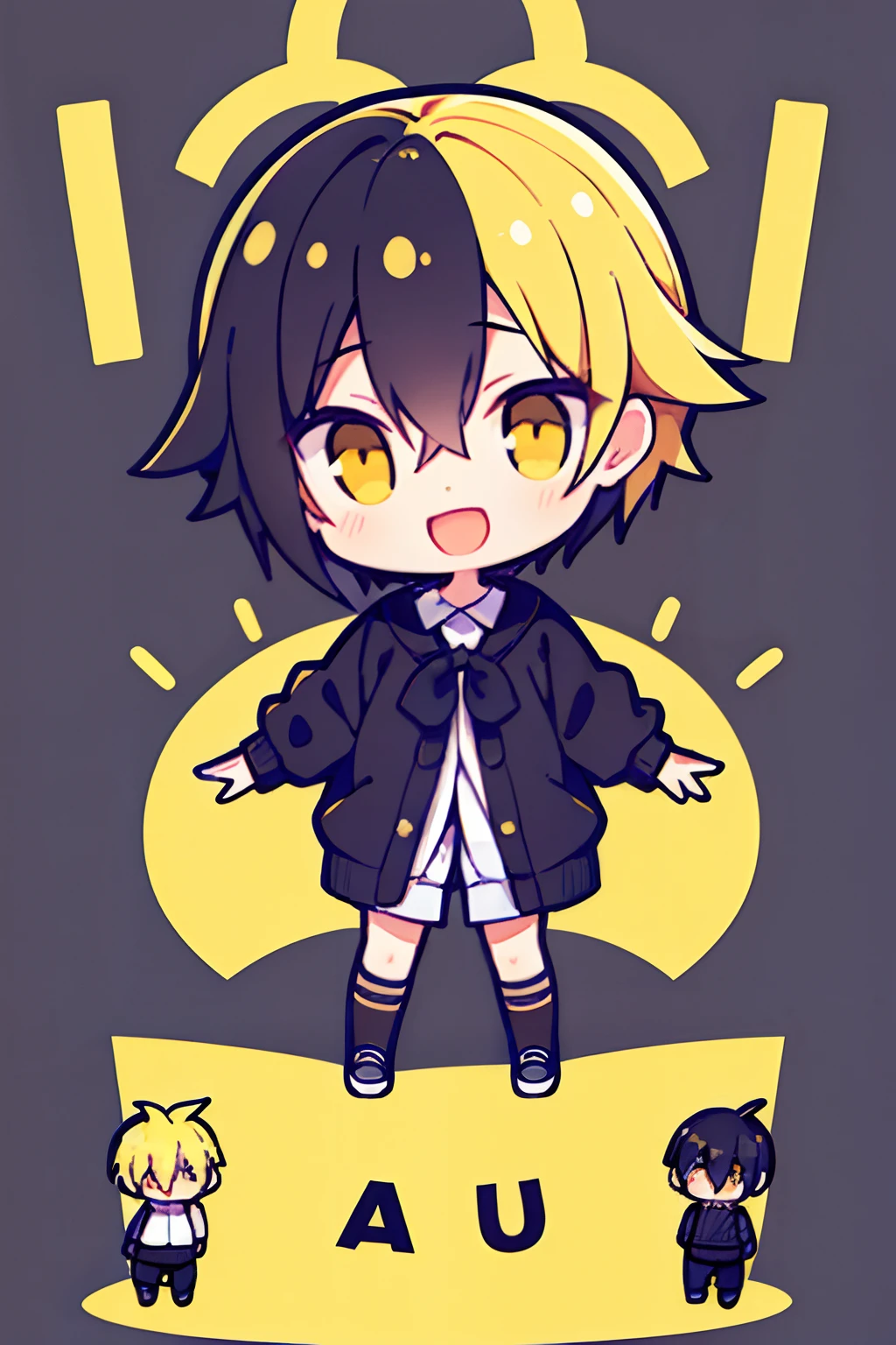 with a simple background，adolable，ssmile，Q version boys，The yellow hair with a black gradient is young and cute，ultra cute，Medium-sized division of short-haired boys，hands out，facing the front there，greet，Two gestures ratio "Yay"，Black cardigan sweatshirt，whitet-shirt，Gentle light and shadow