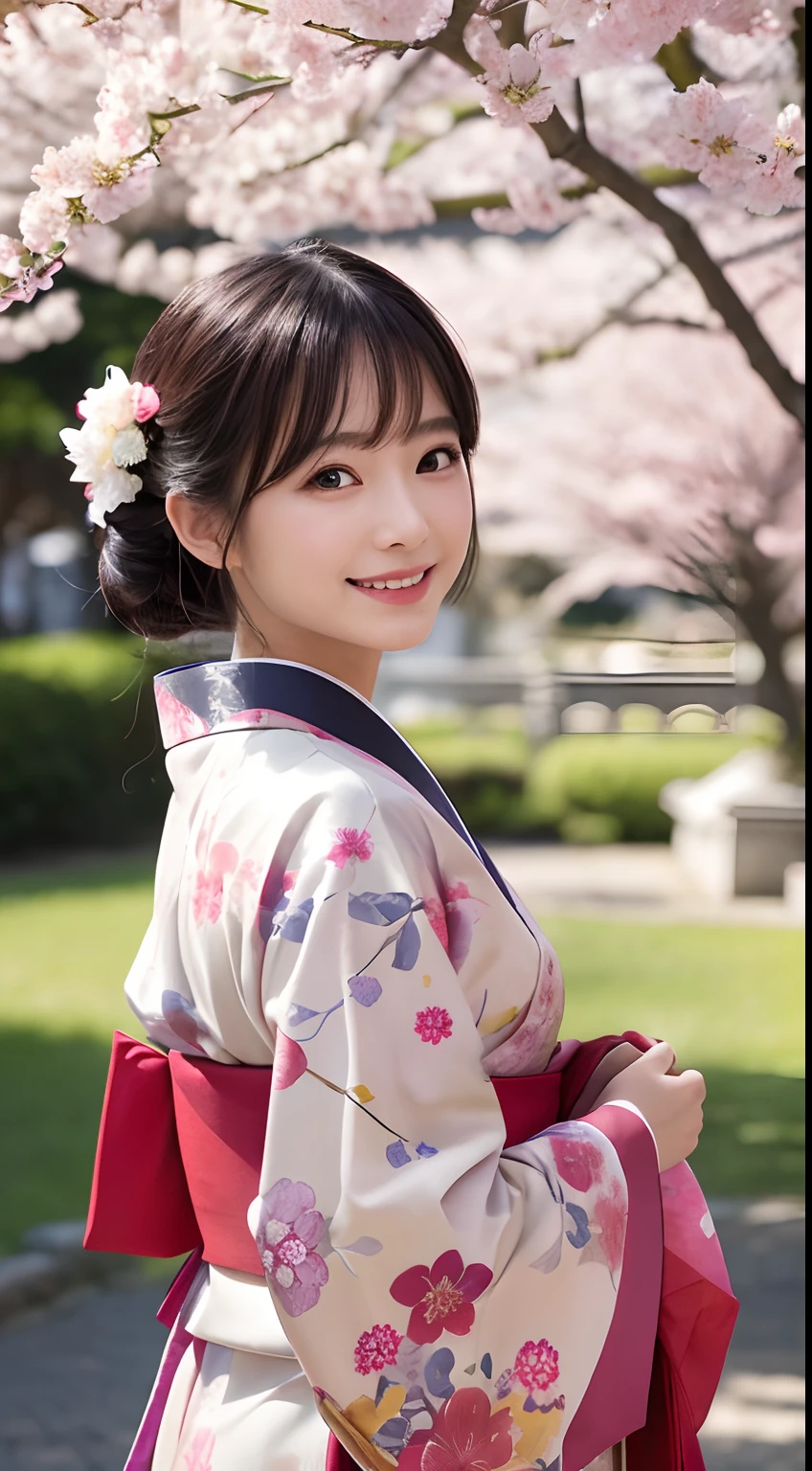 Professional Lighting,(Photorealsitic:1.4), (Top image quality:1.0), (超A high resolution:1.0), 8K, Raw photography, (masterpiece:0.2), (pureerosface_v1:0.5)、(Best Quality Detail:1.2)、realisitic、8K UHD、hight resolution、(1girl in:1.2)、The ultra-detailliert、High quality textures、intricate detailes、detaileds、Very detailed CG、High quality shadows、Detail Beautiful delicate face、Detail Beautiful delicate eyes、depth of fields、Ray traching,1girl in, japanaese girl, (Natural smile:1.4),Cute, slender, Portrait of a beautiful Japan woman in kimono, Stand in a graceful posture at a traditional shrine. The kimono is vivid with traditional patterns, Hair decorated with elegant and delicate kanzashi, and a gentle expression. Against the backdrop of a shrine with cherry blossoms in bloom、Soft light on a spring afternoon、Adds tranquility to the scene. Render in a realistic style with meticulous attention to detail, high resolution images.skyporn, Magic Hour, (Realistic:1.3), Finely detailed, quality, (masutepiece:1.2), (Photorealistic:1.2), (Best Quality), (Intricate details), Dramatic, Ray tracing, photograph, +Lola
