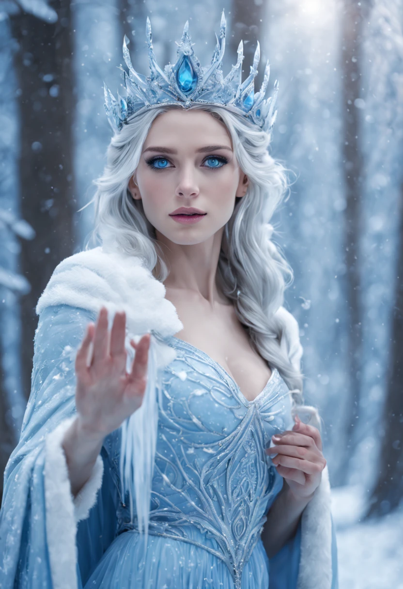 realistic photo scene 8k UHD, ((ultra detailed masterpiece)), (( a beautiful, slim woman, wearing a blue tiara, ice blue dress and a white robe, Goddess of winter, ice blue eyes, Princess of winter, Queen of winter, Ice Sorceress, Ice Queen, Crystal blue eyes, icy eyes, photo looking straight ahead, Ice Princess, pale, snow-white skin, Beautiful ancient ice witch, she casts ice spells with her hands, strolling through a frozen forest, snowing, Beautiful digital artwork, Cold blue colors)),