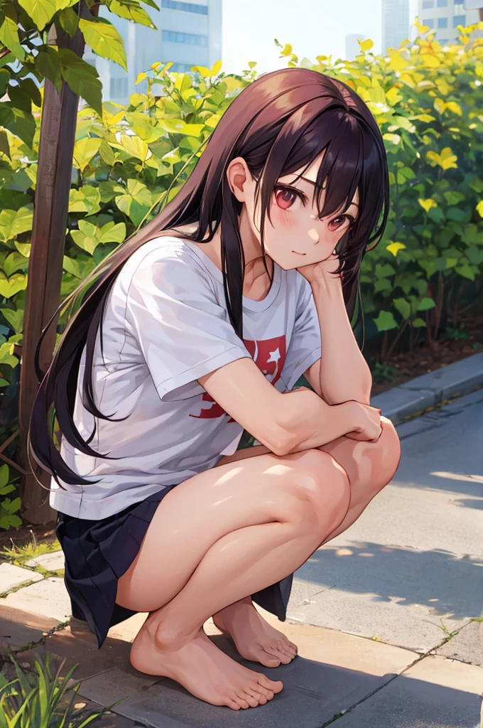 1girl,  tshirt, no panty, Legs bare, Visible vagin, Long hair, Squatting with knees wide apart outdoors