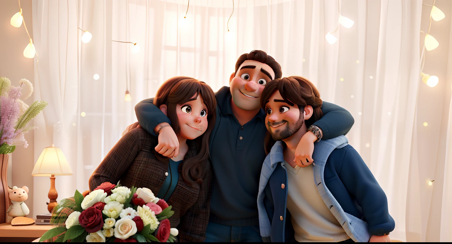40 year old man hugging 2 women, one chubby, long brown hair and smiling, the other medium sized hair and happy on her birthday