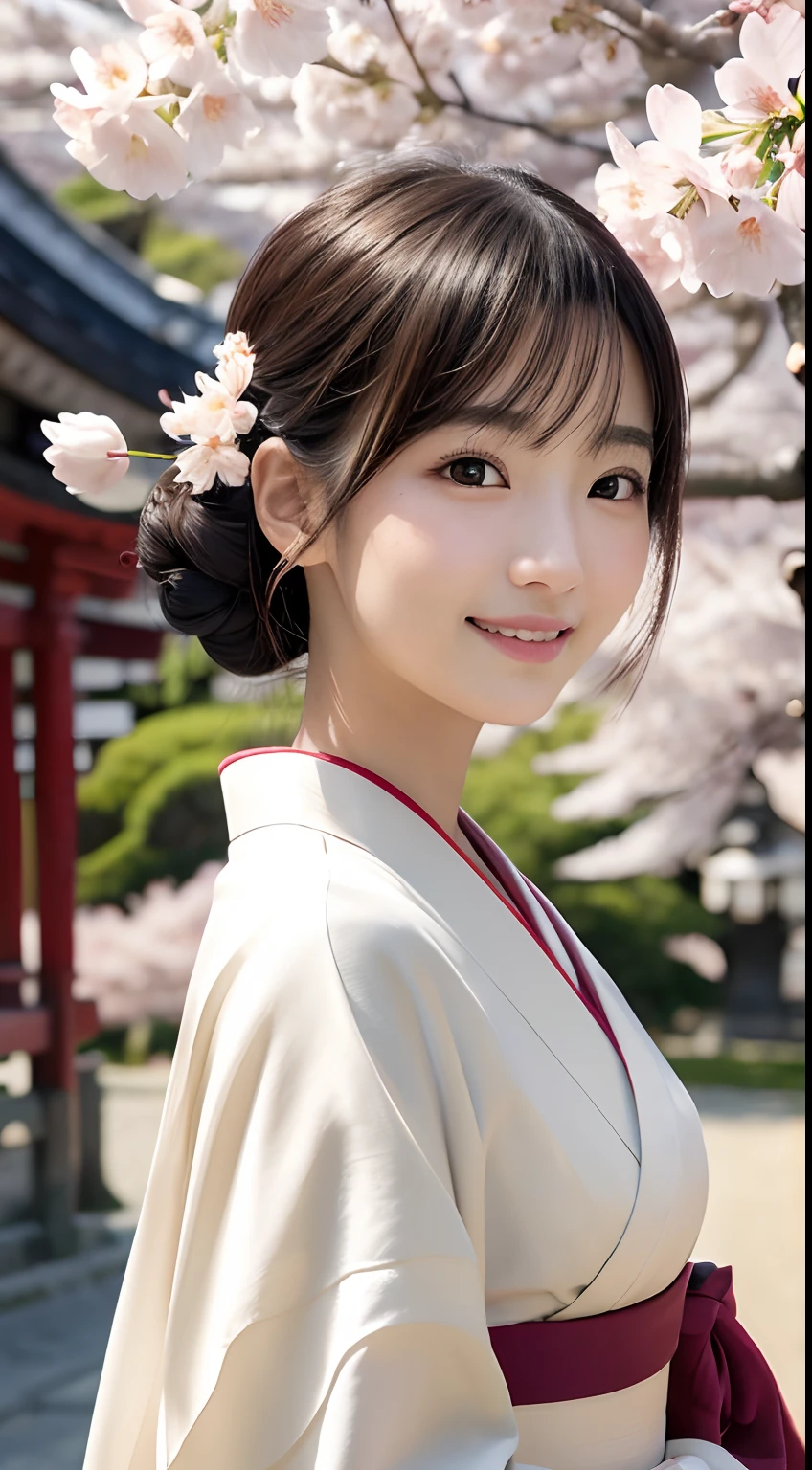 Professional Lighting,(Photorealsitic:1.4), (Top image quality:1.0), (超A high resolution:1.0), 8K, Raw photography, (masterpiece:0.2), (pureerosface_v1:0.5)、(Best Quality Detail:1.2)、realisitic、8K UHD、hight resolution、(1girl in:1.2)、The ultra-detailliert、High quality textures、intricate detailes、detaileds、Very detailed CG、High quality shadows、Detail Beautiful delicate face、Detail Beautiful delicate eyes、(Symmetrical eyes:1.2),depth of fields、Ray traching,1girl in, japanaese girl, (Natural smile:1.4),Cute, slender, Portrait of a beautiful Japan woman in kimono, Stand in a graceful posture at a traditional shrine. The kimono is vivid with traditional patterns, Hair decorated with elegant and delicate kanzashi, and a gentle expression. (Against the backdrop of a shrine with cherry blossoms in full bloom:1.4)、Soft light on a spring afternoon、Adds tranquility to the scene. Render in a realistic style with meticulous attention to detail, high resolution images.skyporn, Magic Hour, (Realistic:1.3), Finely detailed, quality, (masutepiece:1.2), (Photorealistic:1.2), (Best Quality), (Intricate details), Dramatic, Ray tracing, photograph, +Lola