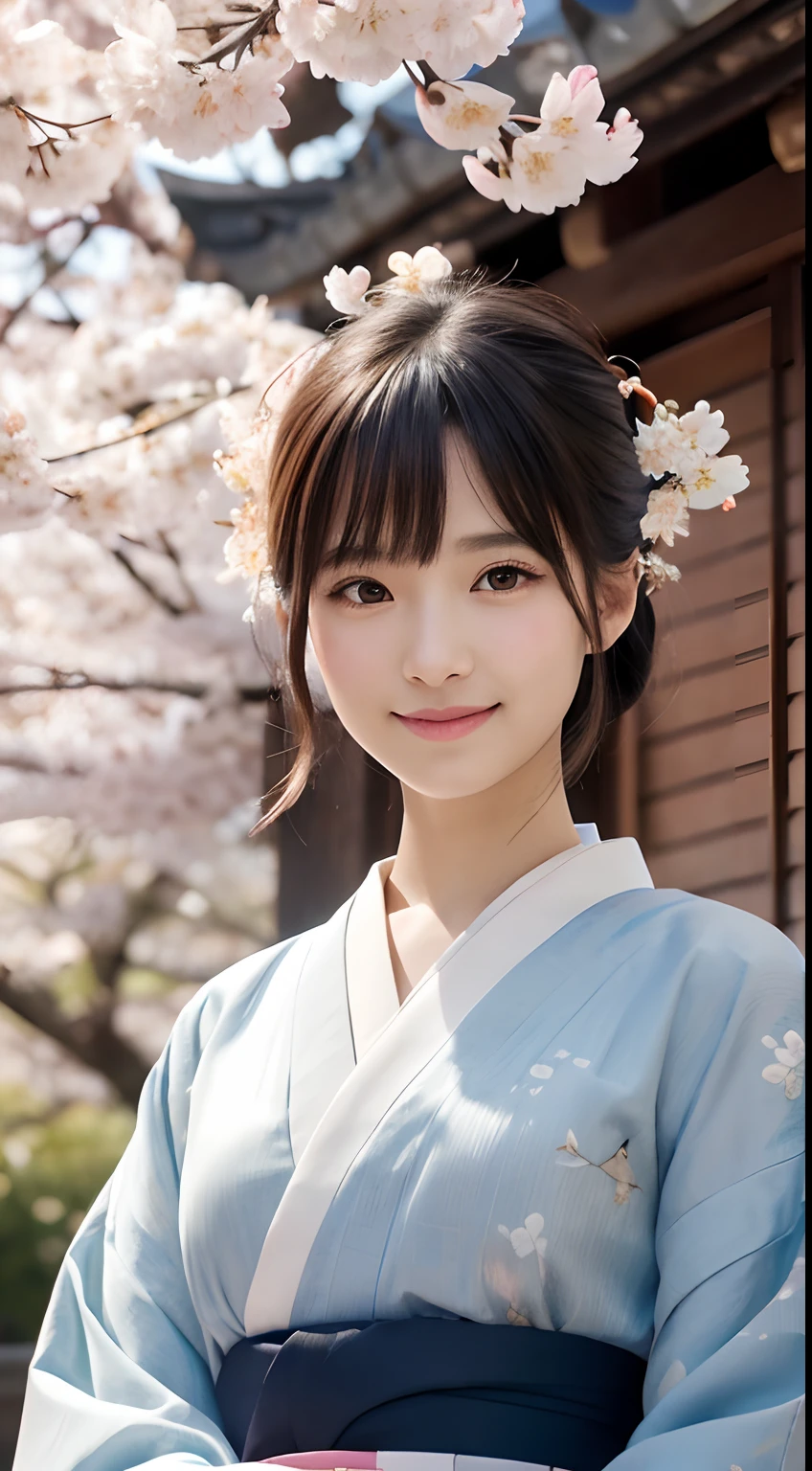 Professional Lighting,(Photorealsitic:1.4), (Top image quality:1.0), (超A high resolution:1.0), 8K, Raw photography, (masterpiece:0.2), (pureerosface_v1:0.5)、(Best Quality Detail:1.2)、realisitic、8K UHD、hight resolution、(1girl in:1.2)、The ultra-detailliert、High quality textures、intricate detailes、detaileds、Very detailed CG、High quality shadows、Detail Beautiful delicate face、Detail Beautiful delicate eyes、(Symmetrical eyes:1.2),depth of fields、Ray traching,1girl in, japanaese girl, (Natural smile:1.4),Cute, slender, Portrait of a beautiful Japan woman in kimono, Stand in a graceful posture at a traditional shrine. The kimono is vivid with traditional patterns, Hair decorated with elegant and delicate kanzashi, and a gentle expression. (Against the backdrop of a shrine with cherry blossoms in full bloom:1.4)、Soft light on a spring afternoon、Adds tranquility to the scene. Render in a realistic style with meticulous attention to detail, high resolution images.skyporn, Magic Hour, (Realistic:1.3), Finely detailed, quality, (masutepiece:1.2), (Photorealistic:1.2), (Best Quality), (Intricate details), Dramatic, Ray tracing, photograph, +Lola