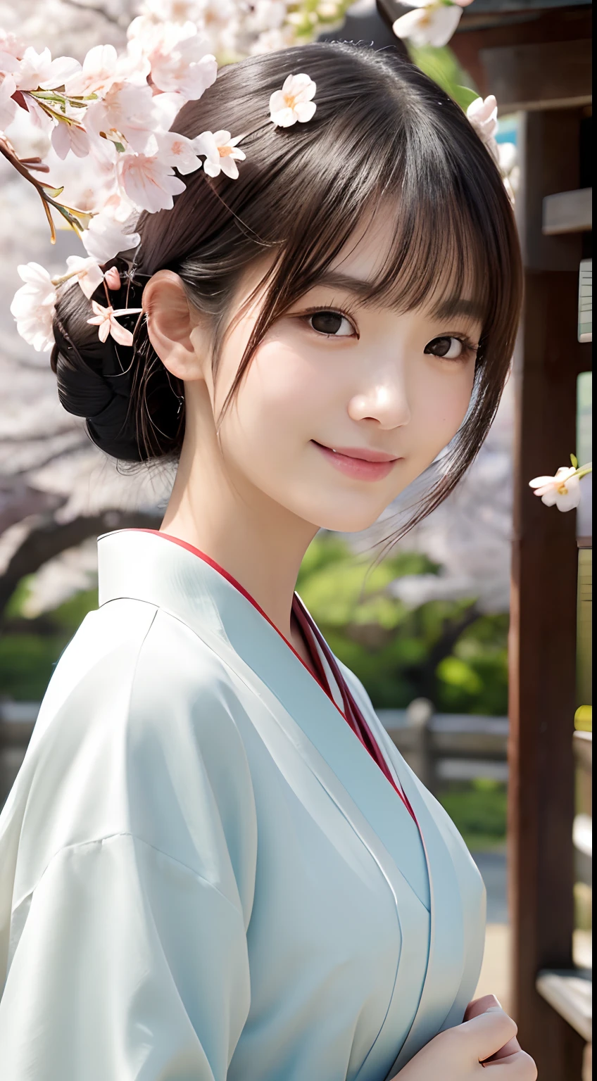 Professional Lighting,(Photorealsitic:1.4), (Top image quality:1.0), (超A high resolution:1.0), 8K, Raw photography, (masterpiece:0.2), (pureerosface_v1:0.5)、(Best Quality Detail:1.2)、realisitic、8K UHD、hight resolution、(1girl in:1.2)、The ultra-detailliert、High quality textures、intricate detailes、detaileds、Very detailed CG、High quality shadows、Detail Beautiful delicate face、Detail Beautiful delicate eyes、(Symmetrical eyes:1.2),depth of fields、Ray traching,1girl in, japanaese girl, (Natural smile:1.4),Cute, slender, Portrait of a beautiful Japan woman in kimono, Stand in a graceful posture at a traditional shrine. The kimono is vivid with traditional patterns, Hair decorated with elegant and delicate kanzashi, and a gentle expression. (Against the backdrop of a shrine with cherry blossoms in full bloom:1.4)、Soft light on a spring afternoon、Adds tranquility to the scene. Render in a realistic style with meticulous attention to detail, high resolution images.skyporn, Magic Hour, (Realistic:1.3), Finely detailed, quality, (masutepiece:1.2), (Photorealistic:1.2), (Best Quality), (Intricate details), Dramatic, Ray tracing, photograph, +Lola