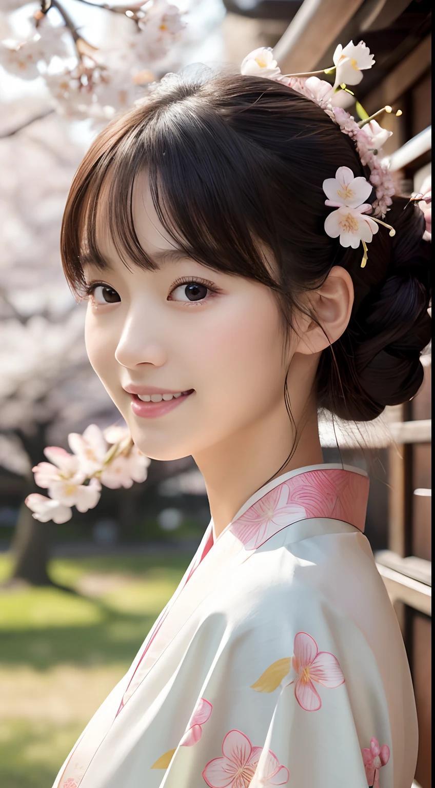Professional Lighting,(Photorealsitic:1.4), (Top image quality:1.0), (超A high resolution:1.0), 8K, Raw photography, (masterpiece:0.2), (pureerosface_v1:0.5)、(Best Quality Detail:1.2)、realisitic、8K UHD、hight resolution、(1girl in:1.2)、The ultra-detailliert、High quality textures、intricate detailes、detaileds、Very detailed CG、High quality shadows、Detail Beautiful delicate face、Detail Beautiful delicate eyes、(Symmetrical eyes:1.2),depth of fields、Ray traching,1girl in, japanaese girl, (Natural smile:1.4),Cute, slender, Portrait of a beautiful Japan woman in kimono, Stand in a graceful posture at a traditional shrine. The kimono is vivid with traditional patterns, Hair decorated with elegant and delicate kanzashi, and a gentle expression. (Against the backdrop of a shrine with cherry blossoms in full bloom:1.4)、Soft light on a spring afternoon、Adds tranquility to the scene. Render in a realistic style with meticulous attention to detail, high resolution images.skyporn, Magic Hour, (Realistic:1.3), Finely detailed, quality, (masutepiece:1.2), (Photorealistic:1.2), (Best Quality), (Intricate details), Dramatic, Ray tracing, photograph, +Lola