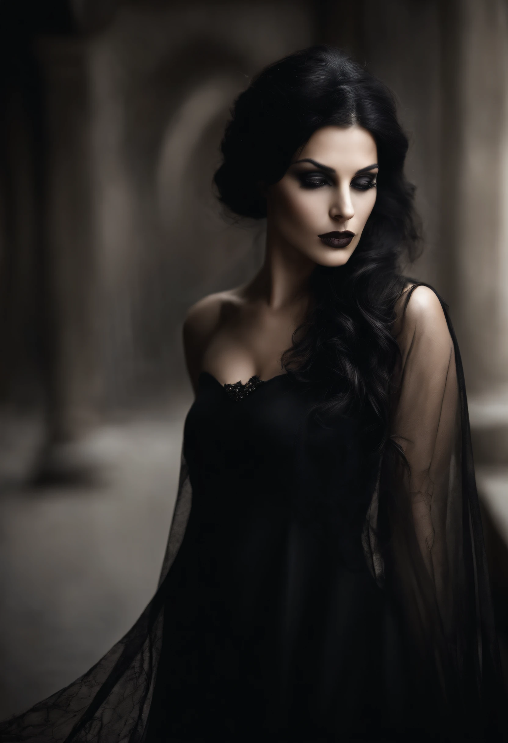 (best quality,fotorealistisch),(dunkel,Vorahnung) woman ,Detaillierte schwarze Augen,langes schwarzes Haar, that resembles the night,blasse Haut,sichtbare Augenringe,athletic body, but strewn with scars,Ominous atmosphere,Gothic aesthetics,Albtraumhaftes Aussehen,intensiver Blick,Mysterious aura, gewundene und angespannte Haltung,Dramatische Schatten und Beleuchtung,Lebendiger Kontrast zwischen Hell und Dunkel,Andeutung von Gefahr,enchanted atmosphere