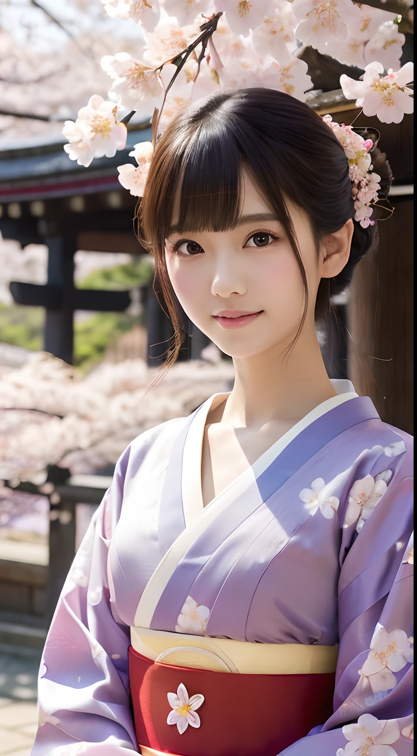 Professional Lighting,(Photorealsitic:1.4), (Top image quality:1.0), (超A high resolution:1.0), 8K, Raw photography, (masterpiece:0.2), (pureerosface_v1:0.5)、(Best Quality Detail:1.2)、realisitic、8K UHD、hight resolution、(1girl in:1.2)、The ultra-detailliert、High quality textures、intricate detailes、detaileds、Very detailed CG、High quality shadows、Detail Beautiful delicate face、Detail Beautiful delicate eyes、(Symmetrical eyes:1.2),depth of fields、Ray traching,1girl in, japanaese girl, (Natural smile:1.4),Cute, slender, Portrait of a beautiful Japan woman in kimono, Stand in a graceful posture at a traditional shrine. The kimono is vivid with traditional patterns, Hair decorated with elegant and delicate kanzashi, and a gentle expression. (Against the backdrop of a shrine with cherry blossoms in full bloom:1.4)、Soft light on a spring afternoon、Adds tranquility to the scene. Render in a realistic style with meticulous attention to detail, high resolution images.skyporn, Magic Hour, (Realistic:1.3), Finely detailed, quality, (masutepiece:1.2), (Photorealistic:1.2), (Best Quality), (Intricate details), Dramatic, Ray tracing, photograph, +Lola