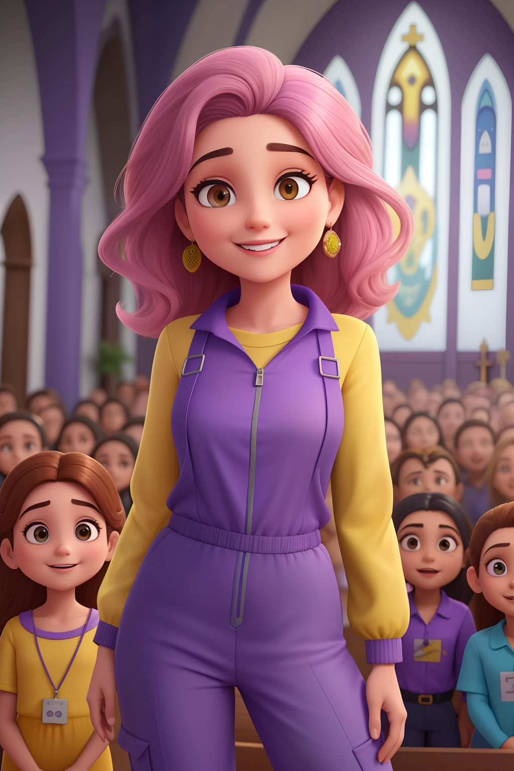 Uma mulher branca 26 anos, com cabelos loiros claros, Rosto fino, com sorriso encantador, segurando um microfone, na igreja, Wearing purple jumpsuit with yellow and blue pant pockets and long black maga shirt , Teaching Children and Brown Eyes, estilo Disney pixar, com cores brilhantes