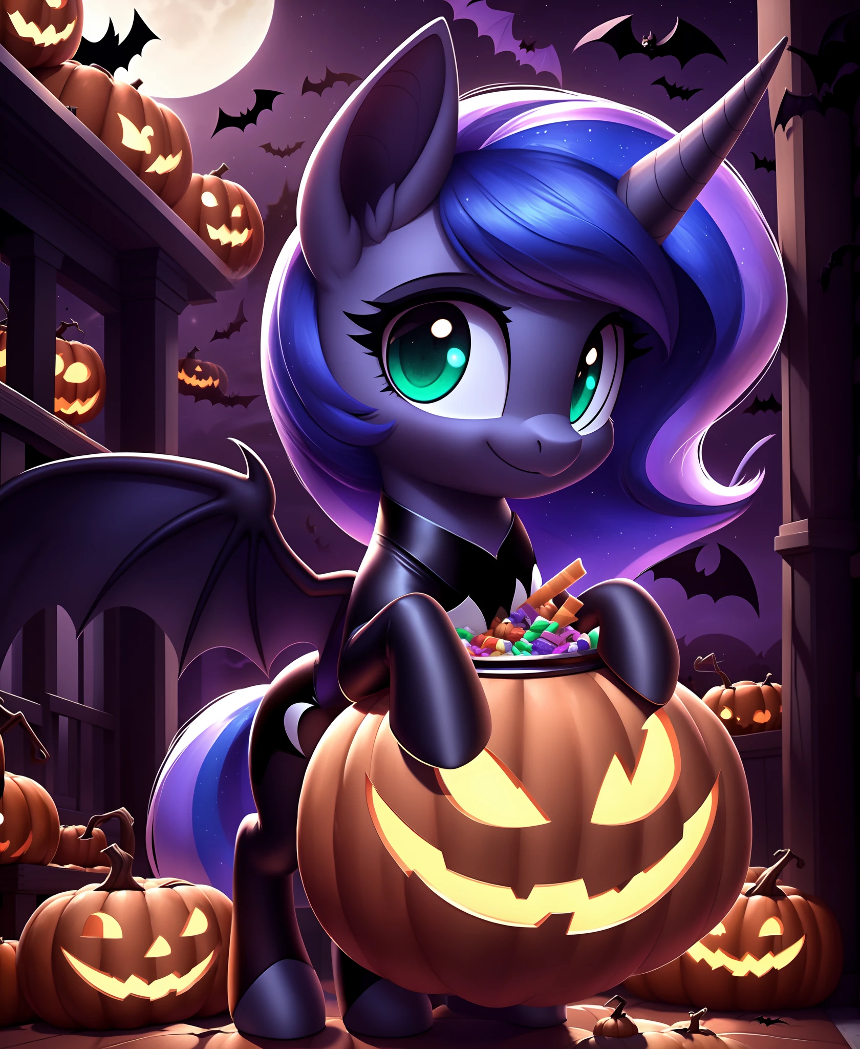 pony, (masterpiece), (raytracing), (cinematic lighting), ((town)) triadic lighting, High Definition, light particles, (shading), filly princess luna looking at you, holding bucket in the mouth, bucket filled with candy, ((high detail)), wings closed, female, ((one horn)), perfect anatomy:1.5, ((fur body)), ((bat costume)), (((cute))), (((adorable))), ((smile)), (((Holloween))), 1girl, solo ((back wing))