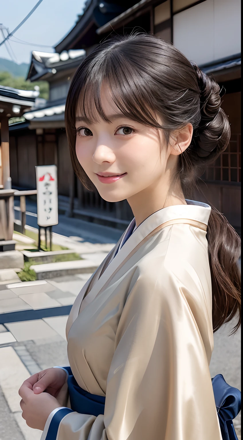 Professional Lighting,(Photorealsitic:1.4), (Top image quality:1.0), (超A high resolution:1.0), 8K, Raw photography, (masterpiece:0.2), (pureerosface_v1:0.5)、(Best Quality Detail:1.2)、realisitic、8K UHD、hight resolution、(1girl in:1.2)、The ultra-detailliert、High quality textures、intricate detailes、detaileds、Very detailed CG、High quality shadows、Detail Beautiful delicate face、Detail Beautiful delicate eyes、(Symmetrical eyes:1.2),depth of fields、Ray traching,1girl in, japanaese girl, (Natural smile:1.4),Cute, slender, Portrait of a beautiful Japan woman in kimono, Standing in an elegant posture in the streets of Kyoto. The kimono is vivid with traditional patterns, Hair decorated with elegant and delicate kanzashi, and a gentle expression. (Kyoto's old cityscape in the background:1.4)、Soft light on a spring afternoon、Adds tranquility to the scene. Render in a realistic style with meticulous attention to detail, high resolution images.skyporn, Magic Hour, (Realistic:1.3), Finely detailed, quality, (masutepiece:1.2), (Photorealistic:1.2), (Best Quality), (Intricate details), Dramatic, Ray tracing, photograph, +Lola