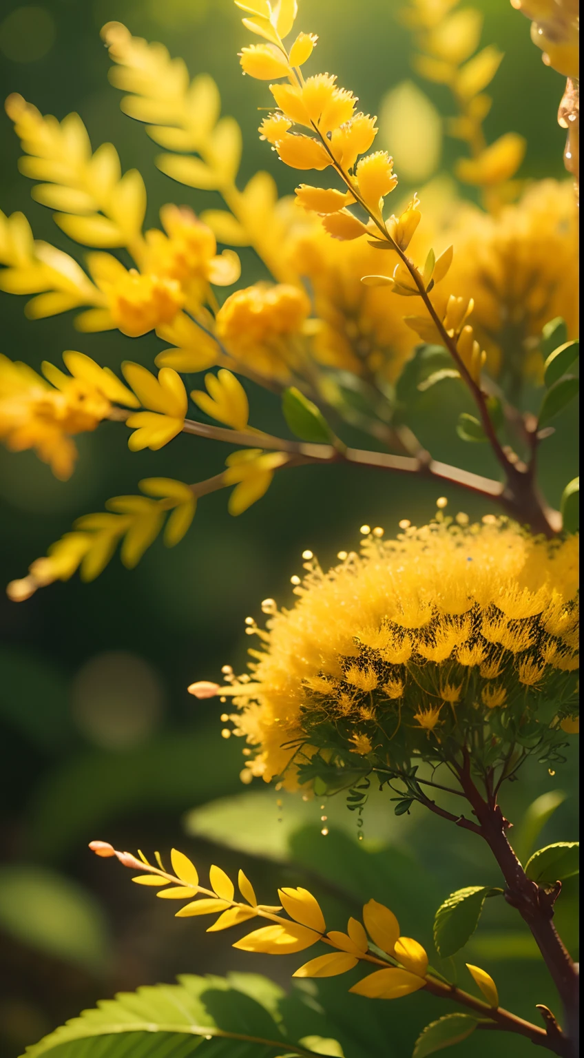 Little leaves, many leaves, Acacia foliage, Fluffy mimosa , water drops, bokeh, Mossy background, Warm, muted, tonesSplendor, Colorful, Amazing photography, photo-realism, ultra - detailed, 4K, depth of fields, A high resolution, film grain, macro